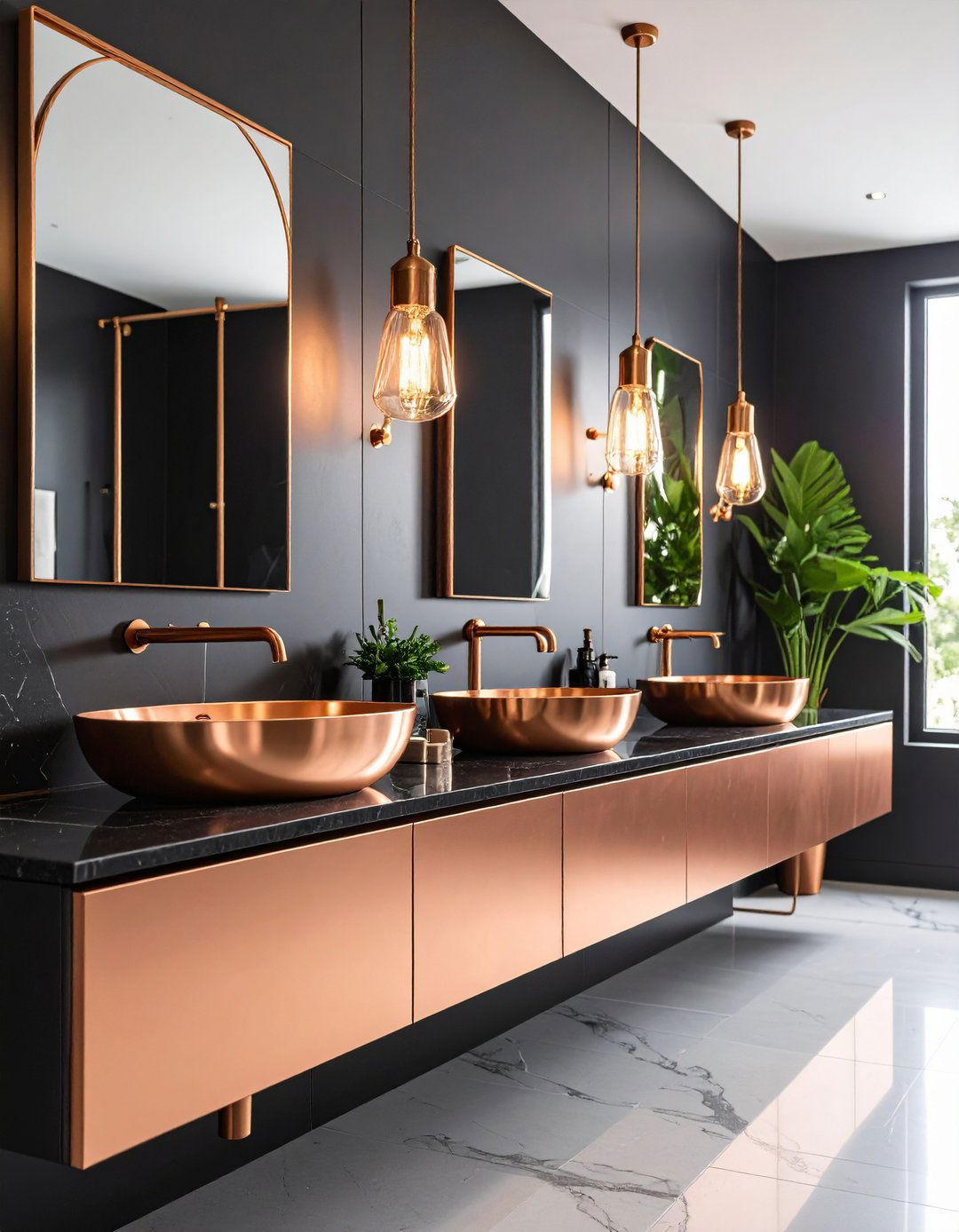 Black Bathroom with Copper Fixtures - 24 Black Bathroom Ideas