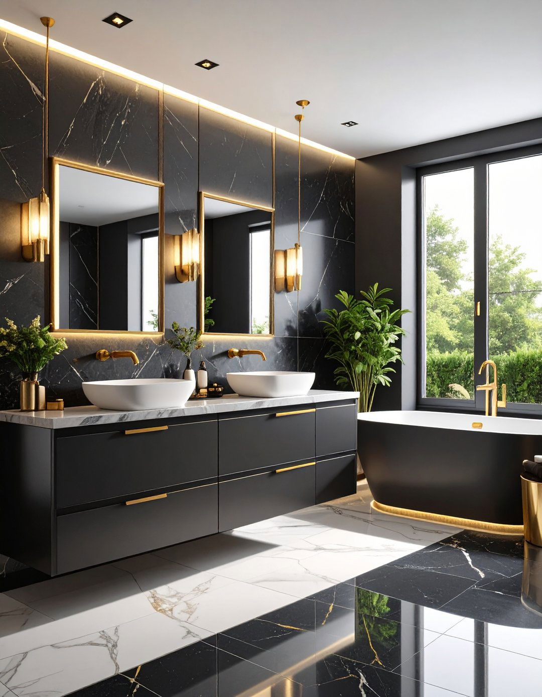 Black Bathroom with Gold Accents - 24 Black Bathroom Ideas