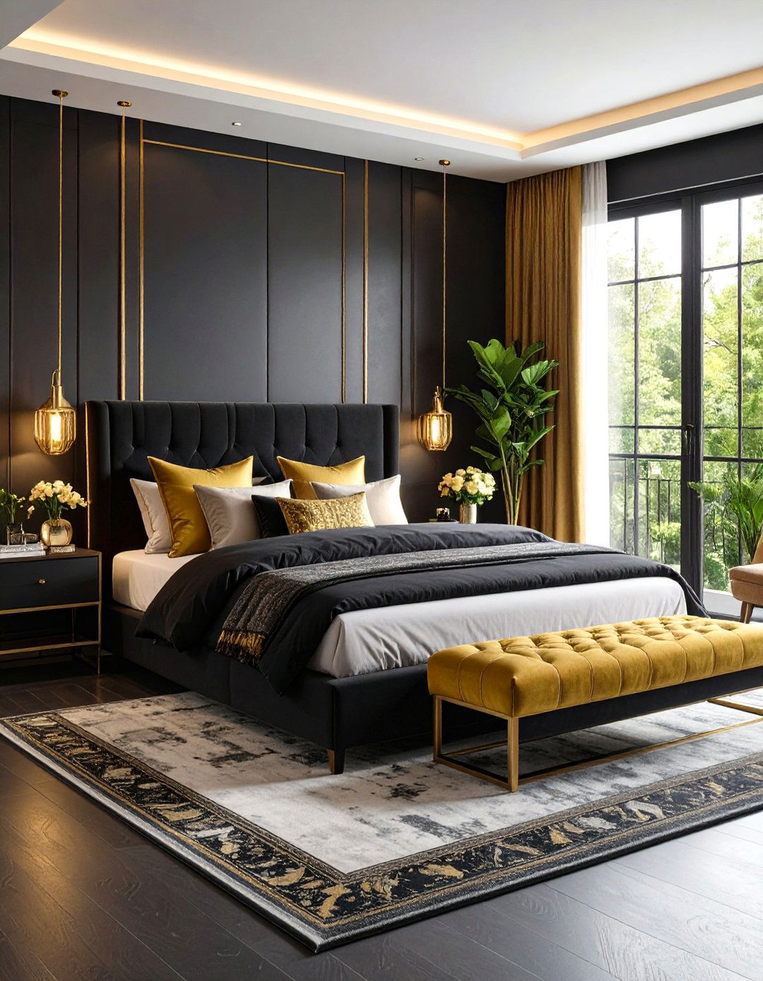 Black Bedroom with Gold Textile Layers - 24 Black and Gold Bedroom Ideas