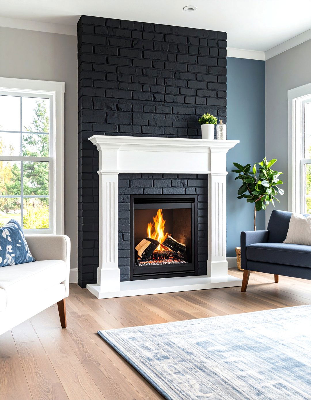 Black Brick Fireplace with Contrasting White Mantel - 24 Black Brick Fireplace Ideas