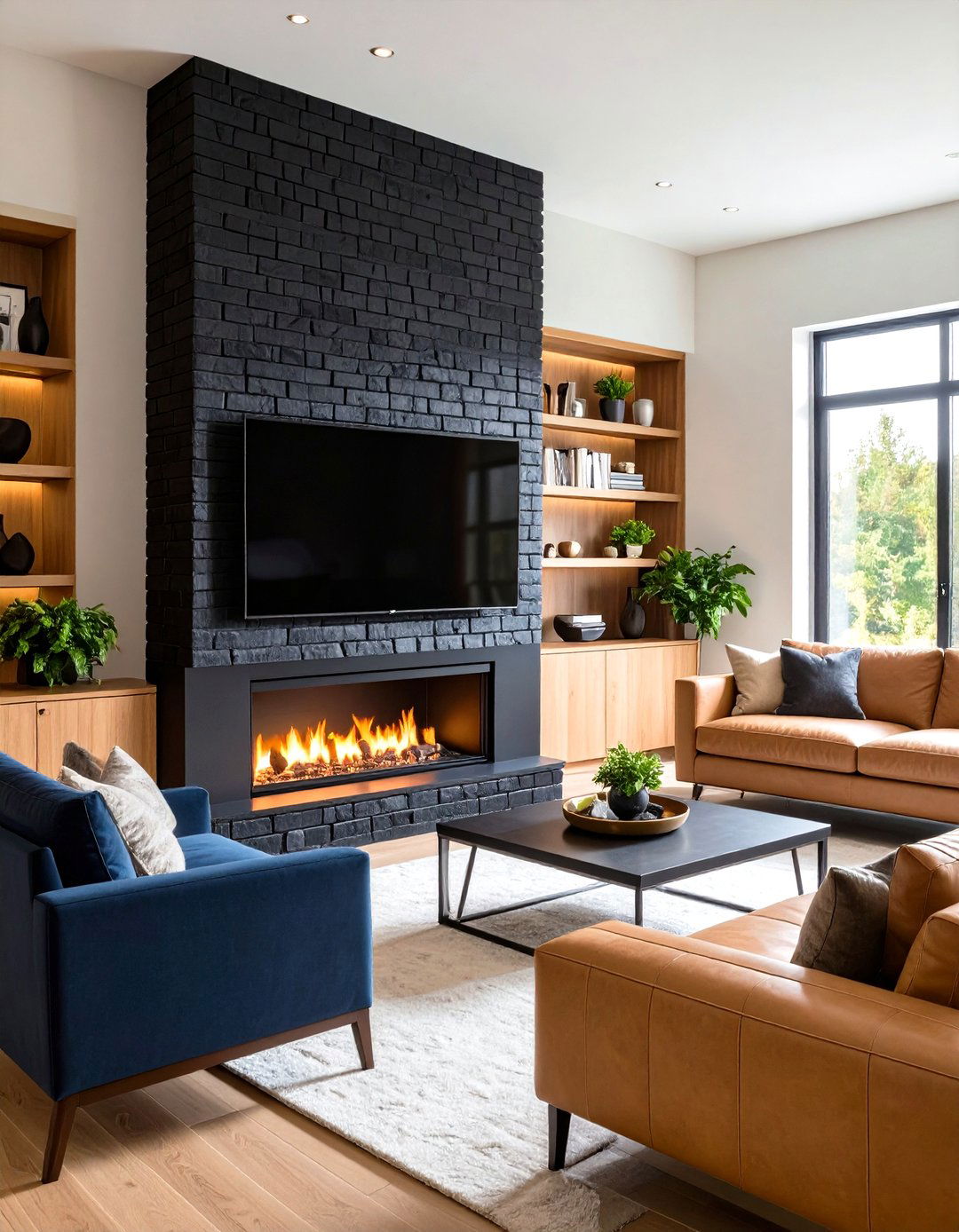 Black Brick Fireplace with Integrated Television - 24 Black Brick Fireplace Ideas