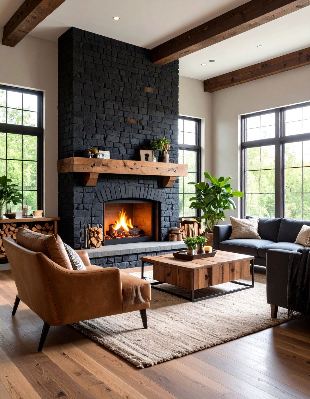 Black Brick Fireplace with Mixed Material Surround - 24 Black Brick Fireplace Ideas