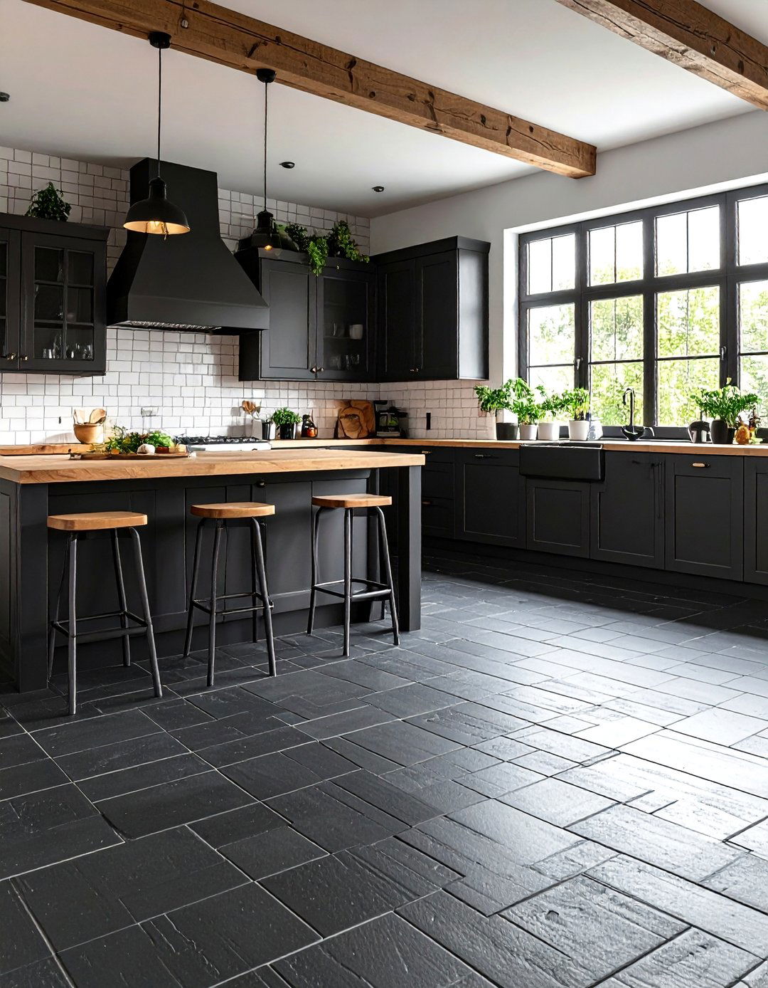 Black Brick Pattern Kitchen Floor Tiles - 24 Black Kitchen Floor Ideas