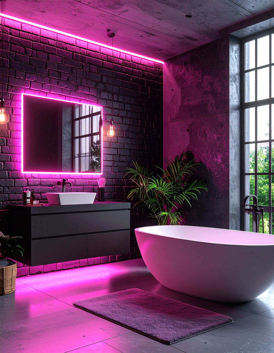 Black Brick Tiles with Pink Neon Lighting - 24 Pink and Black Bathroom Ideas