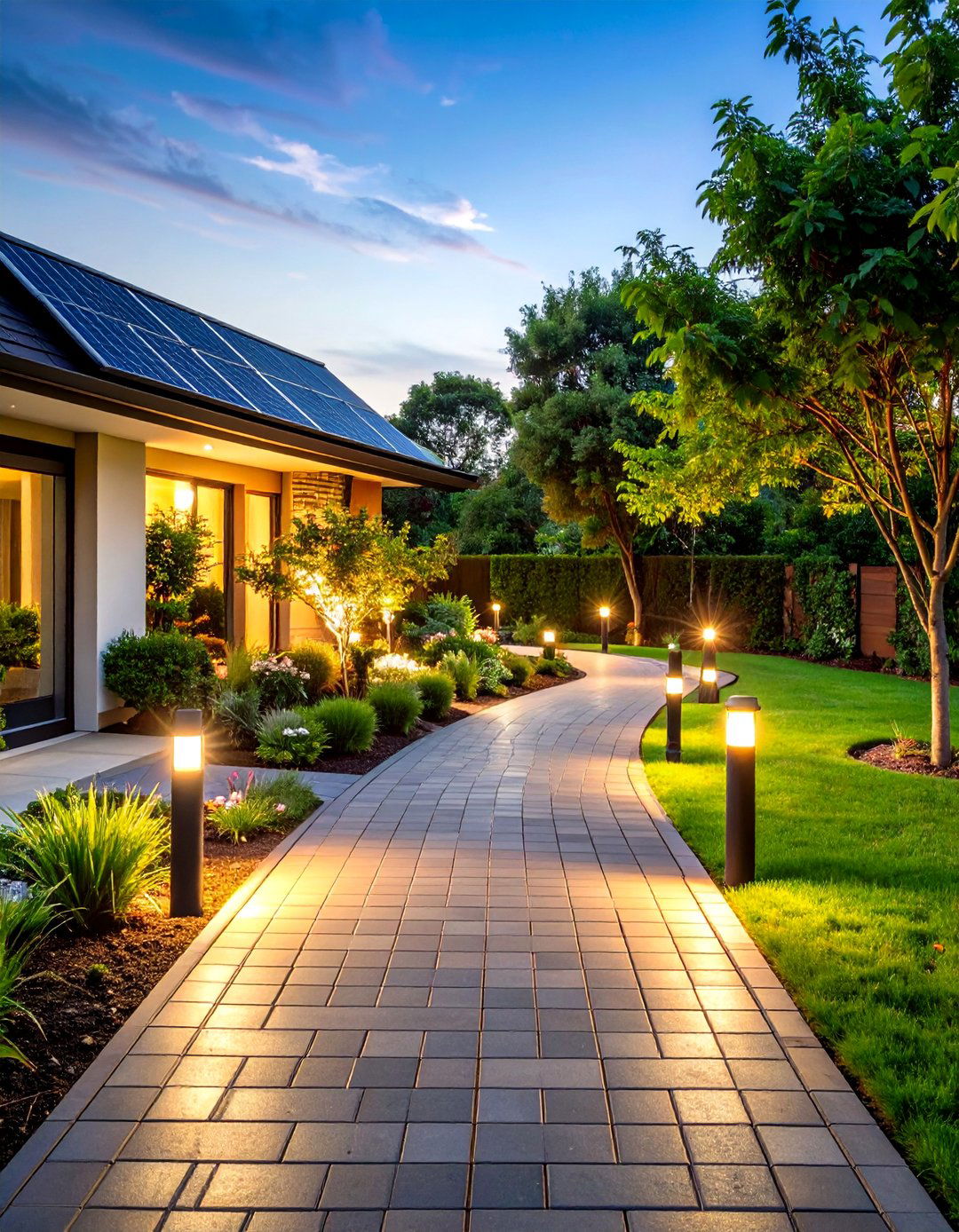 Black Brick Walkway with Integrated Solar Pathway Lighting - 24 Black Brick Walkway Ideas