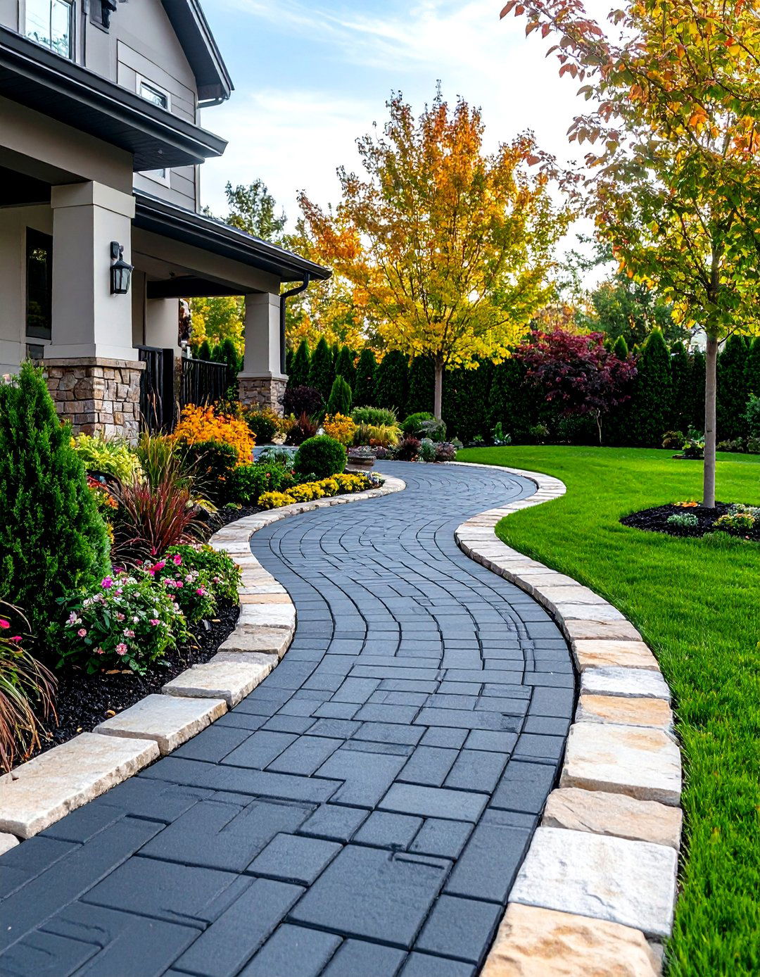 Black Brick Walkway with Natural Stone Border Edging - 24 Black Brick Walkway Ideas