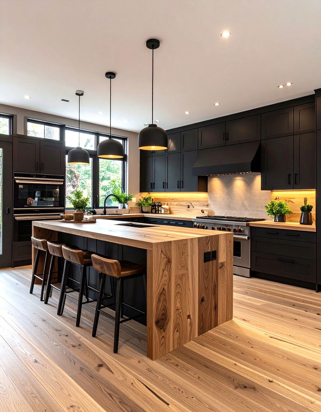 Black Cabinets with Contrasting Light and Dark Wood Elements - 24 Kitchen With Black Cabinets And Wood Countertops Ideas