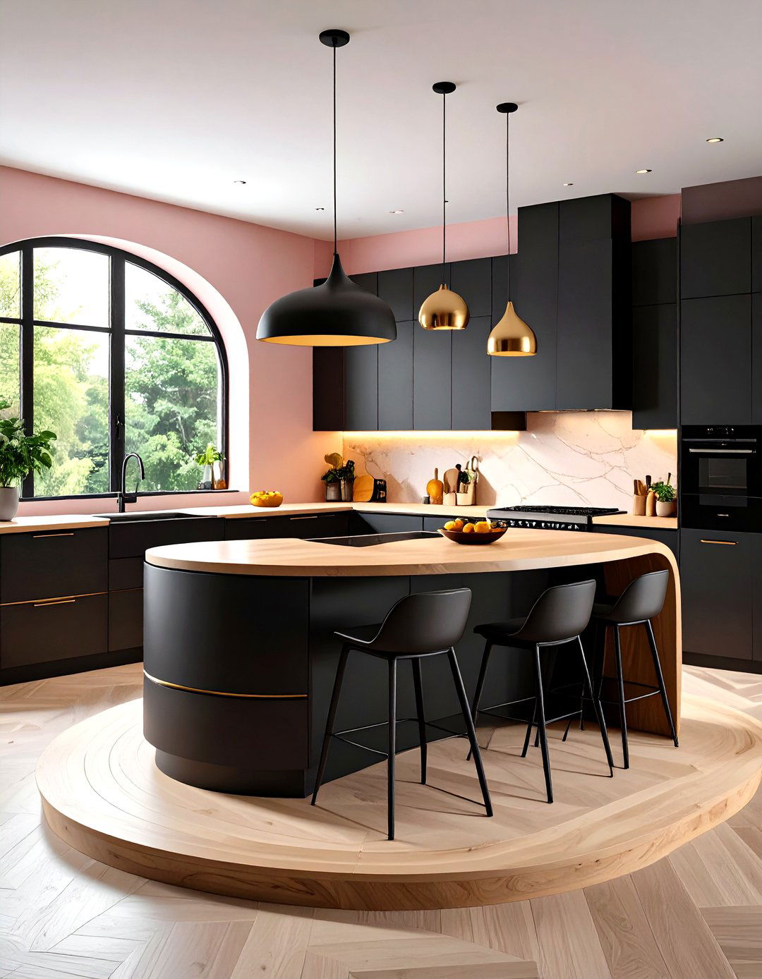 Black Cabinets with Curved Wood Countertop Elements - 24 Kitchen With Black Cabinets And Wood Countertops Ideas