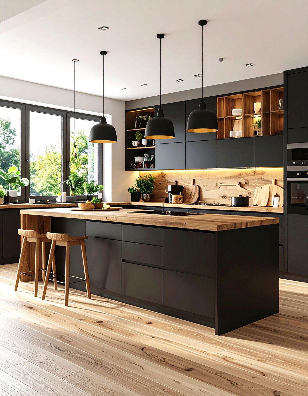 Black Cabinets with Integrated Wood Cutting Board Countertops - 24 Kitchen With Black Cabinets And Wood Countertops Ideas