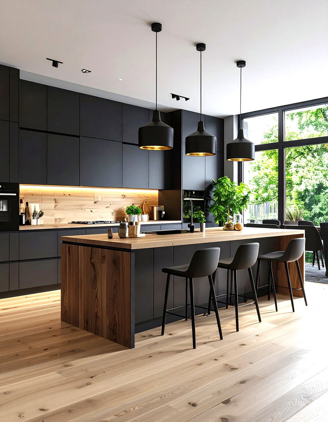 Black Cabinets with Stained Wood Countertops in Multiple Tones - 24 Kitchen With Black Cabinets And Wood Countertops Ideas
