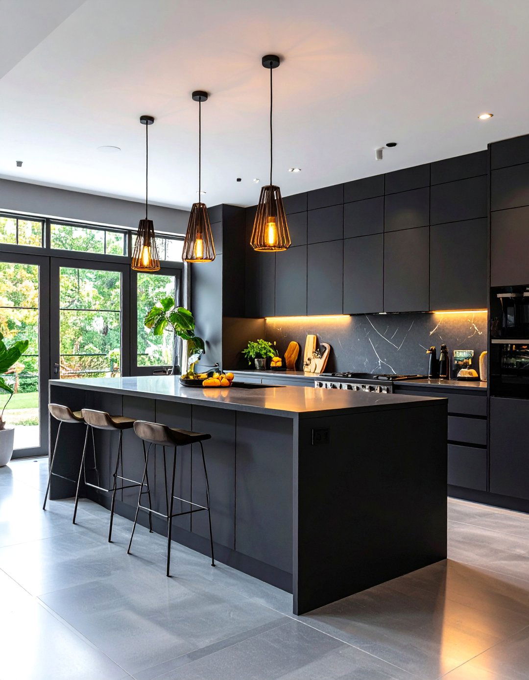 Black Cabinets with Statement Lighting - 24 Dark Kitchen Ideas