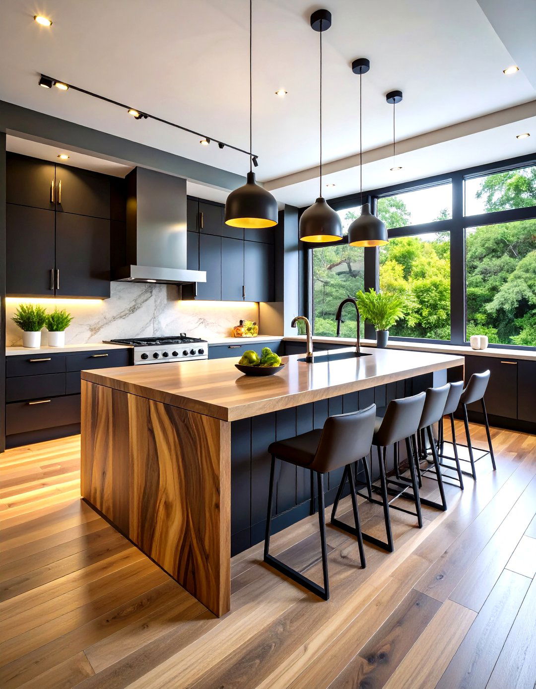 Black Cabinets with Waterfall Wood Countertop Design - 24 Kitchen With Black Cabinets And Wood Countertops Ideas