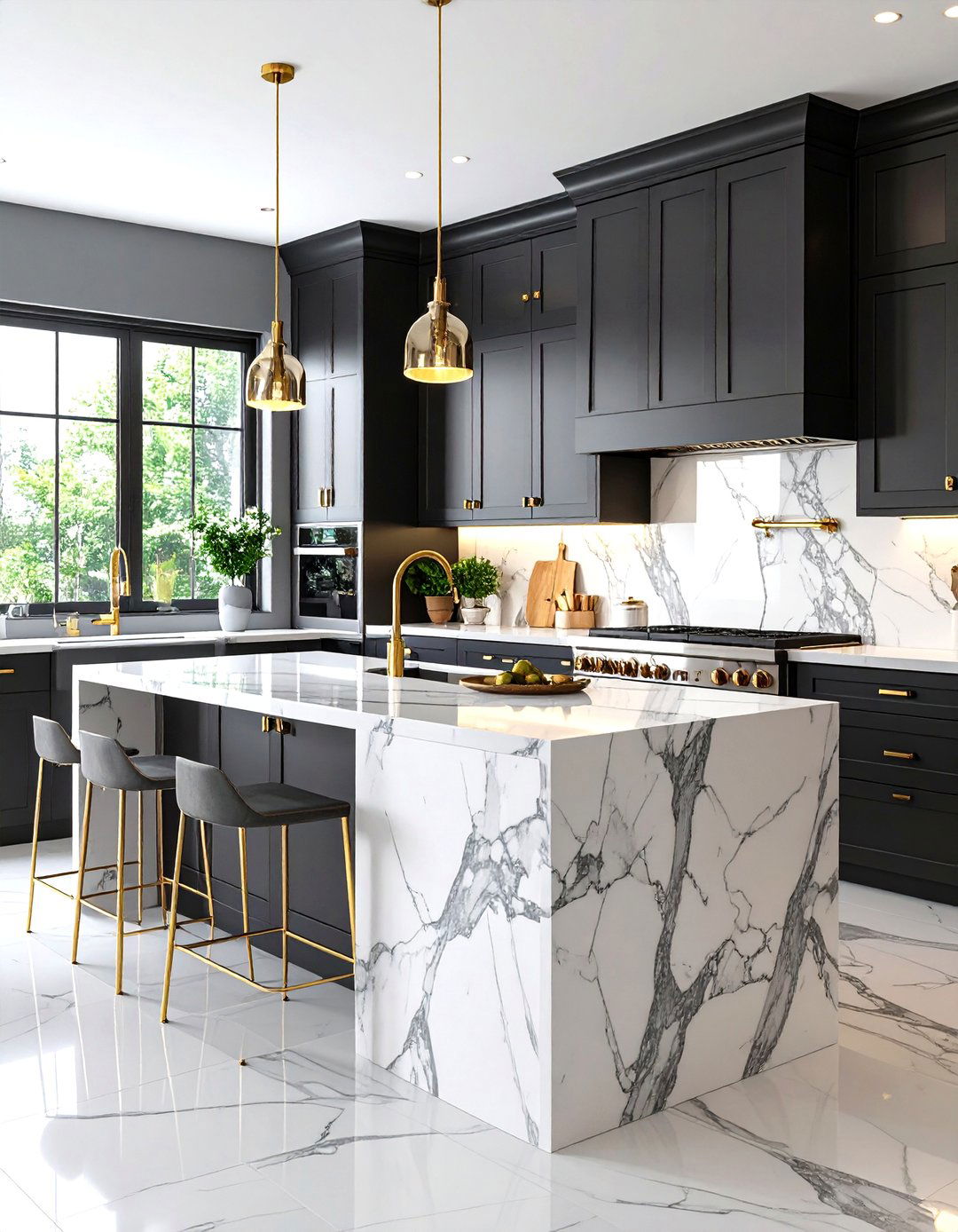 Black Cabinets with White Carrara Marble Countertops and Gold Accents - 24 Black Kitchen Cabinets With White Countertops