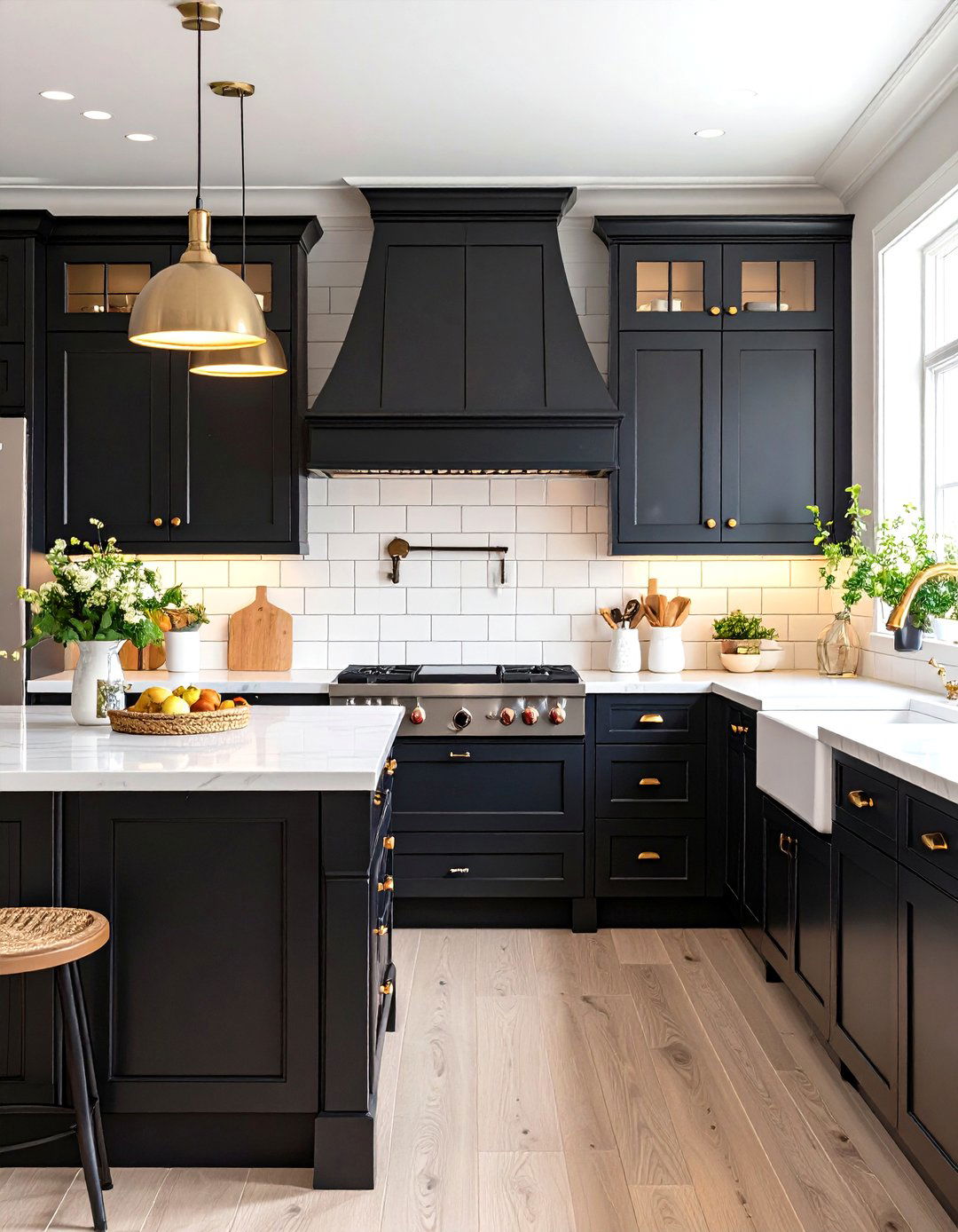 Black Cabinets with White Composite Stone Countertops and Subway Tile - 24 Black Kitchen Cabinets With White Countertops