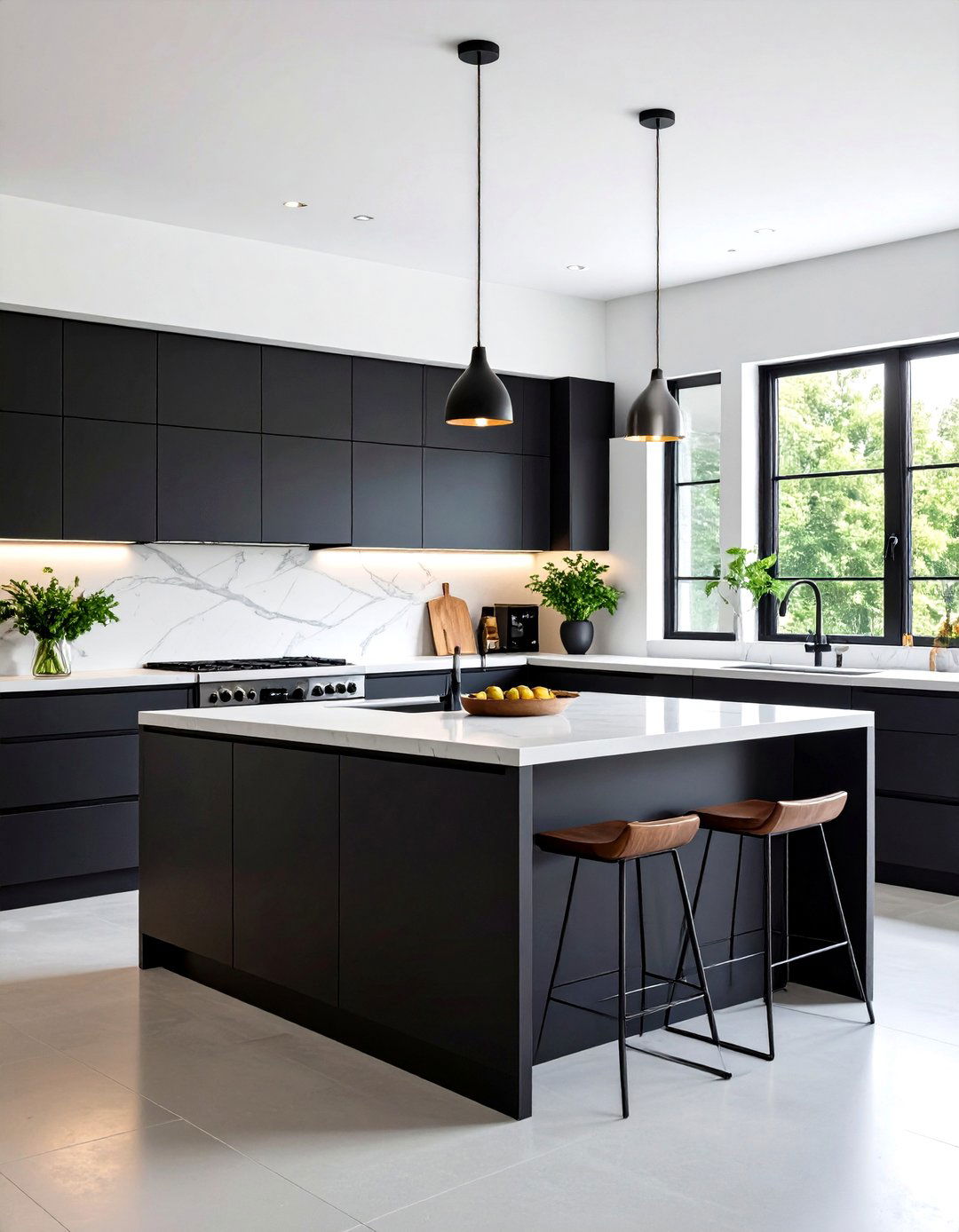 Black Cabinets with White Concrete Waterfall Countertops