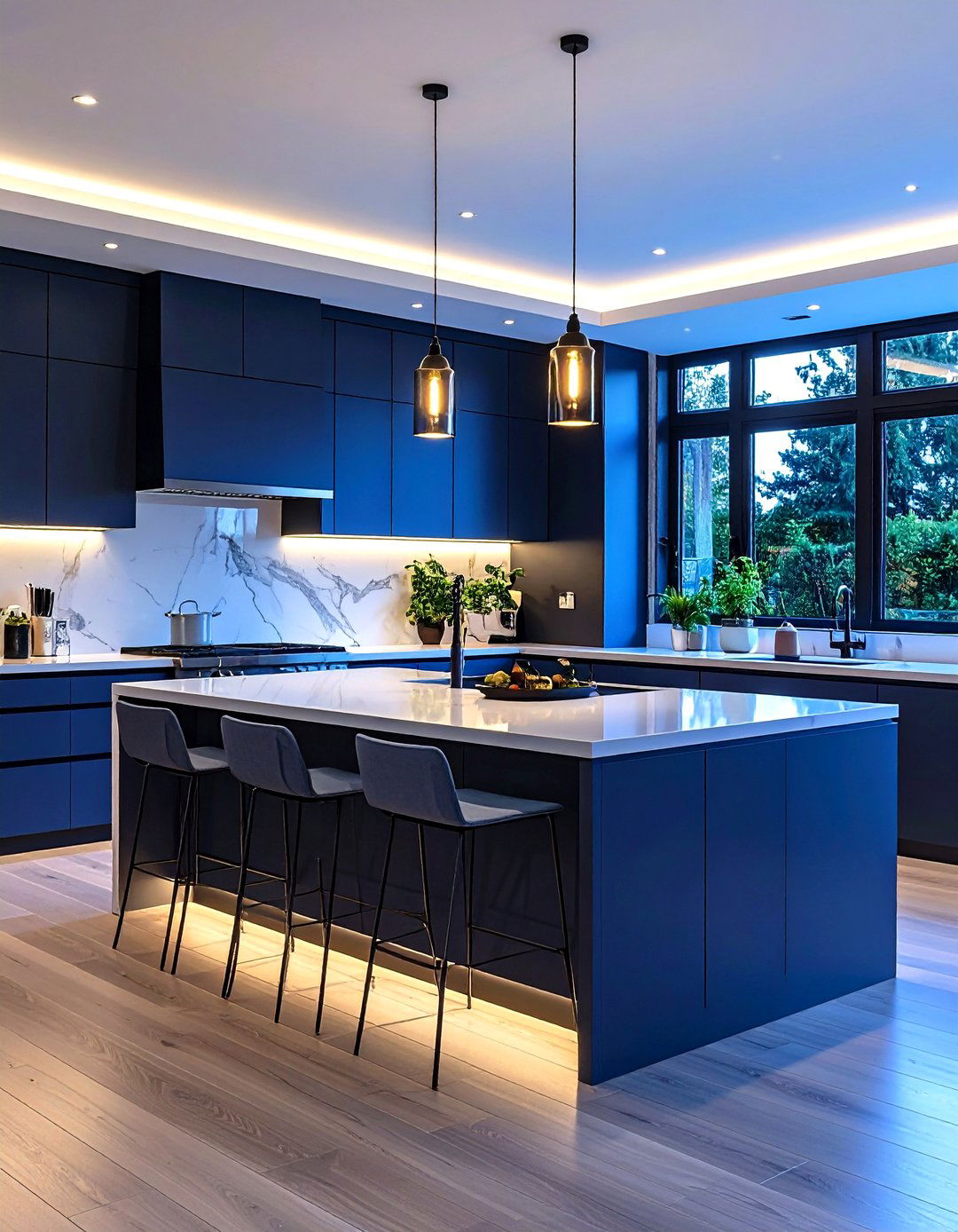 Black Cabinets with White Engineered Quartz Countertops and LED Lighting - 24 Black Kitchen Cabinets With White Countertops