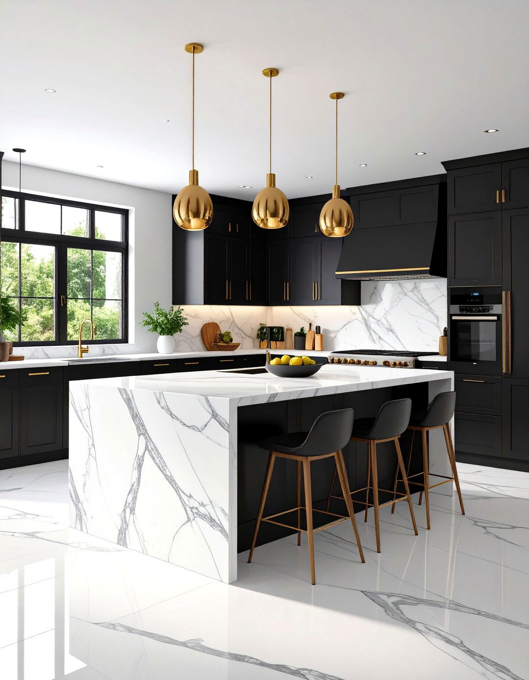 Black Cabinets with White Natural Stone Slab Countertops - 24 Black Kitchen Cabinets With White Countertops
