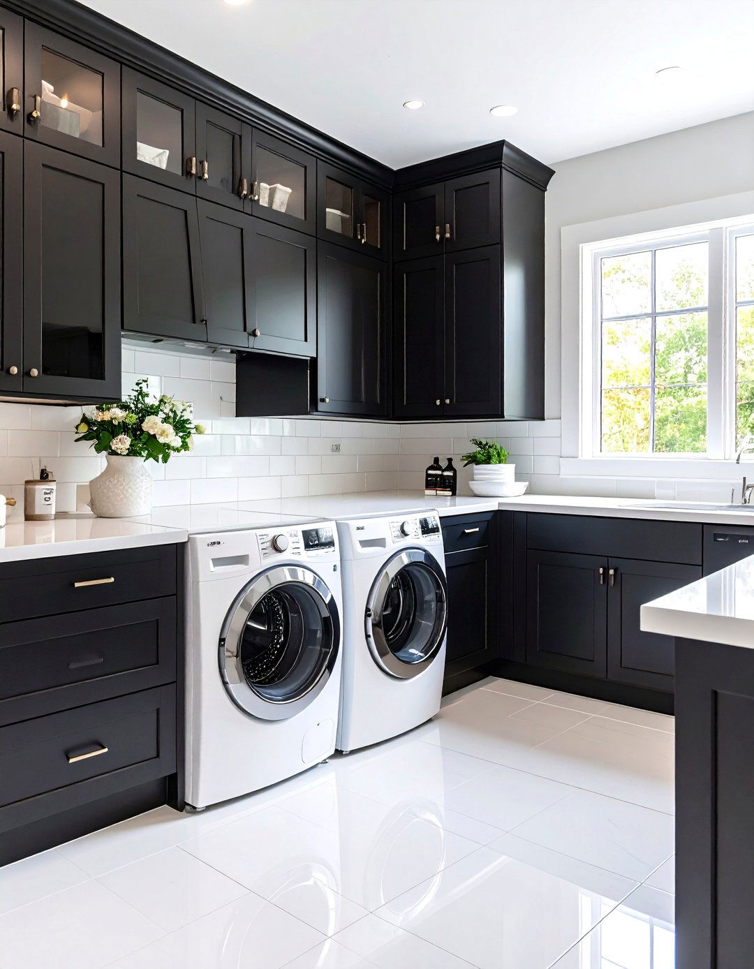 Black Cabinets with White Quartz - 24 black laundry room ideas