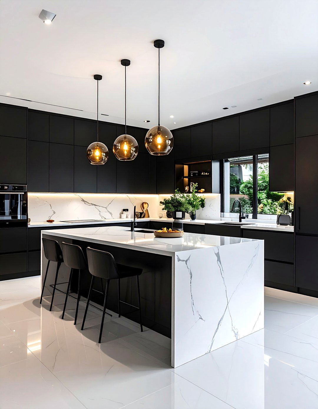 Black Cabinets with White Quartzite Island Countertops - 24 Black Kitchen Cabinets With White Countertops
