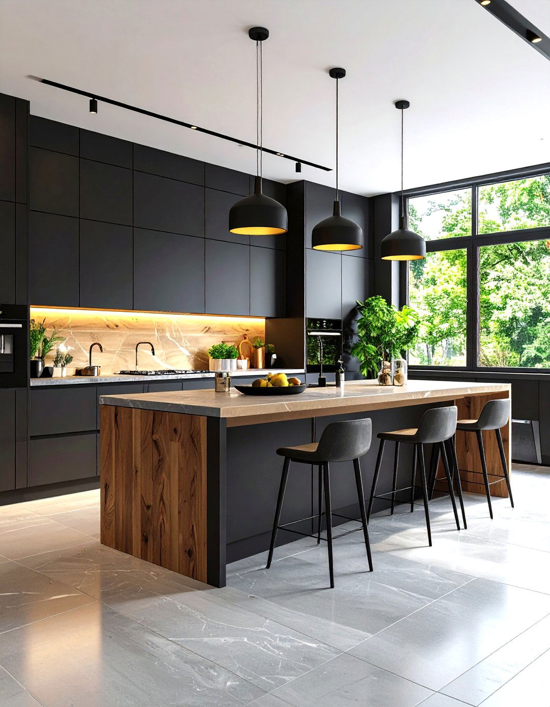 Black Cabinets with Wood Block and Stone Combination Countertops - 24 Kitchen With Black Cabinets And Wood Countertops Ideas