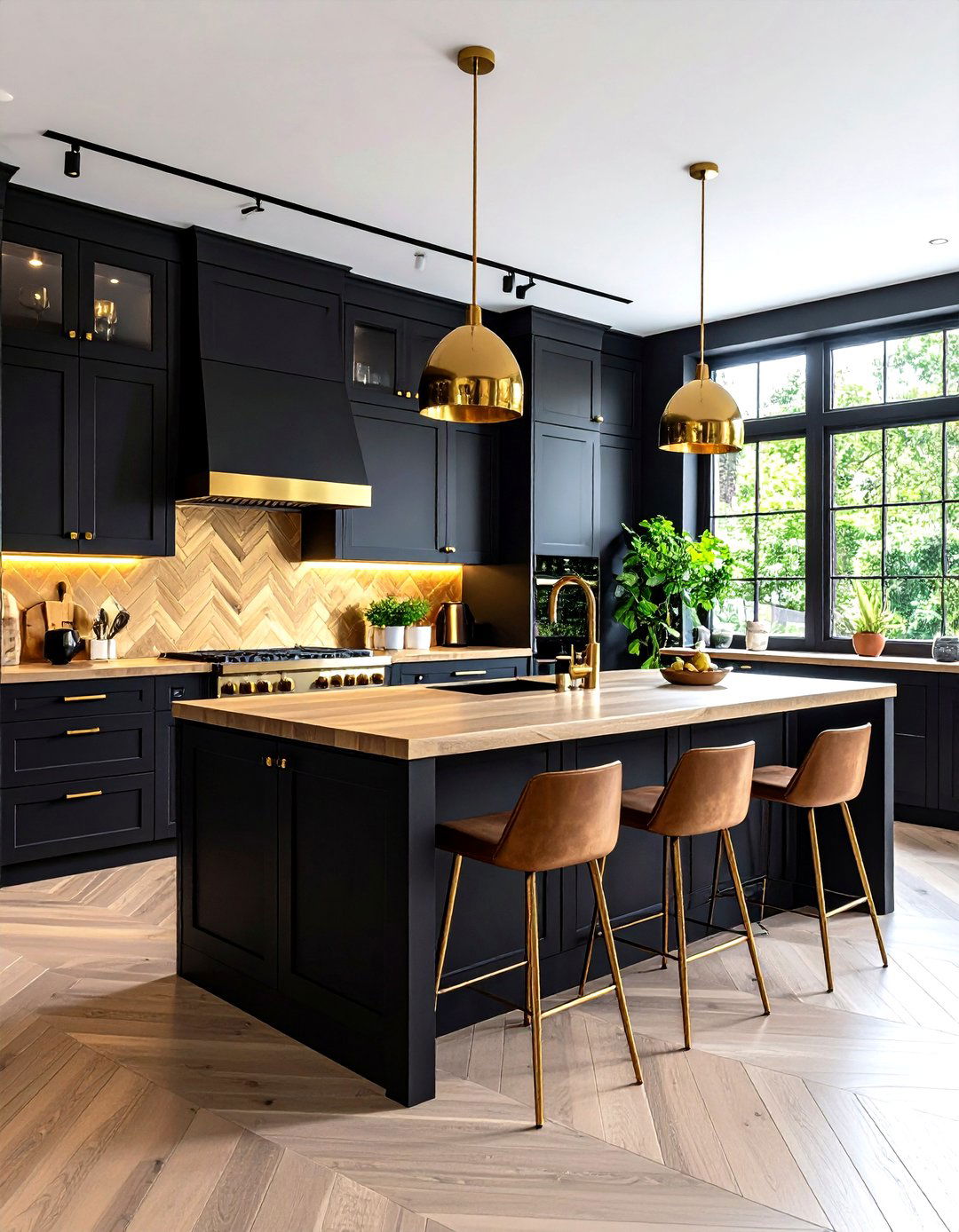 Black Cabinets with Wood Countertops and Brass Accents - 24 Kitchen With Black Cabinets And Wood Countertops Ideas