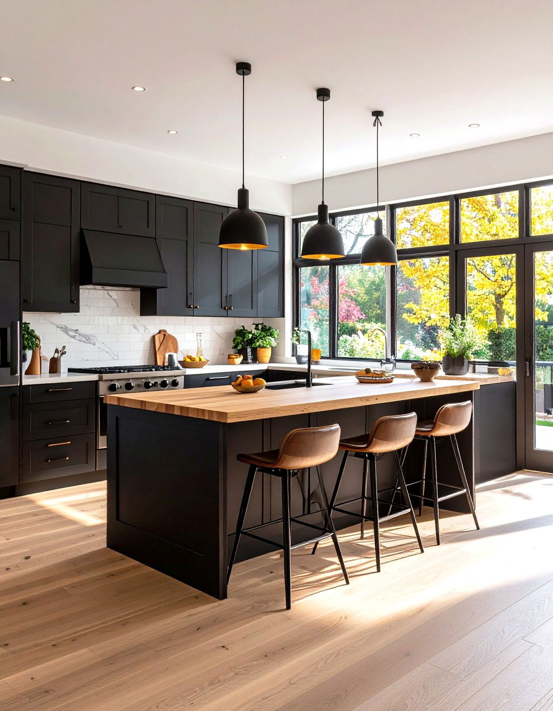 Black Cabinets with Wood Peninsula and Breakfast Bar - 24 Kitchen With Black Cabinets And Wood Countertops Ideas