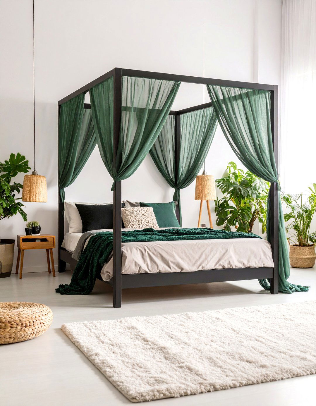 Black Canopy Bed with Green Bedding - 24 Black and Green Bedroom Design Ideas