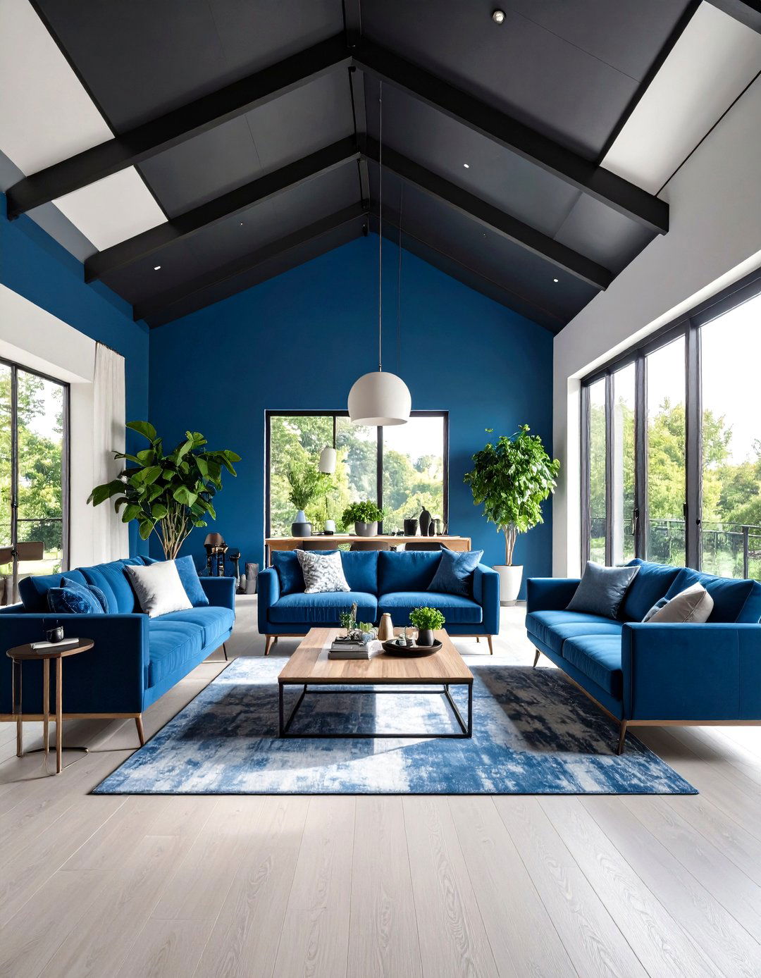Black Ceiling with Blue Wall Color Blocking - 24 Black and Blue Living Room Ideas