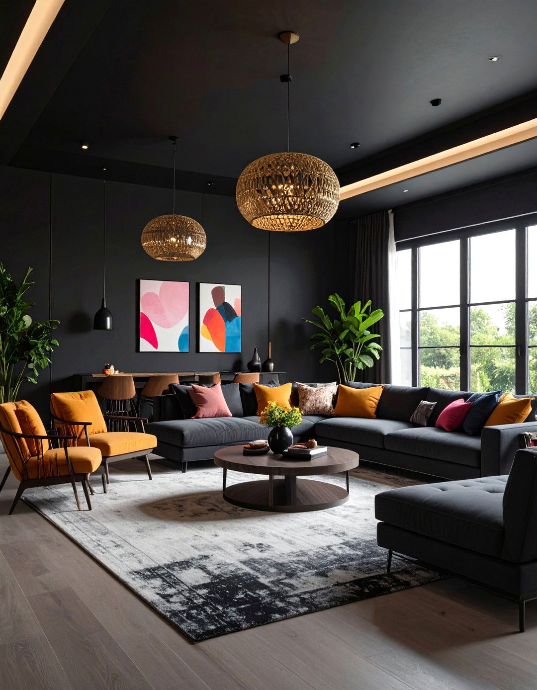 Black Ceiling with Bold Color Accents - 24 Black Ceiling Design Ideas