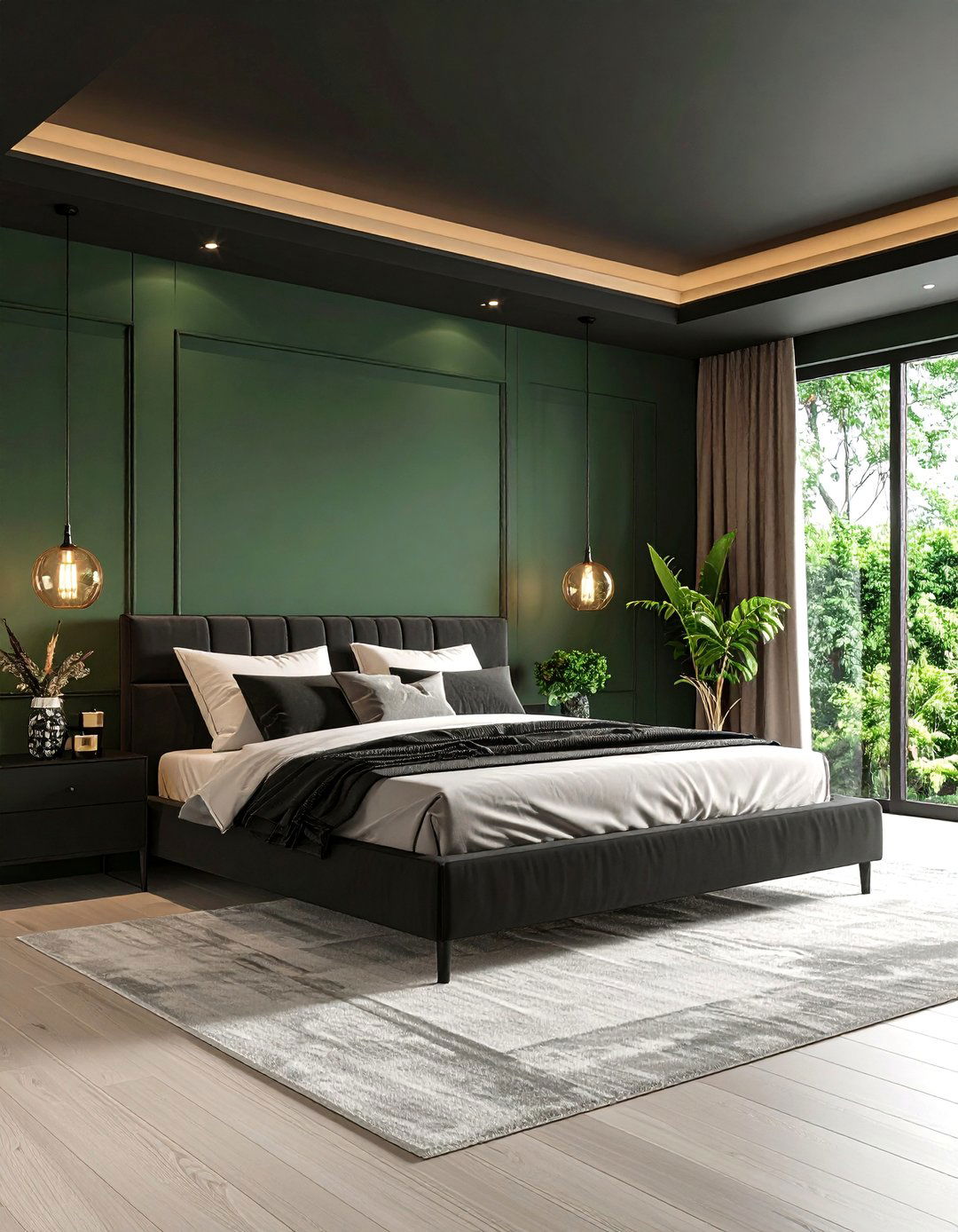 Black Ceiling with Forest Green Walls - 24 Black and Green Bedroom Design Ideas