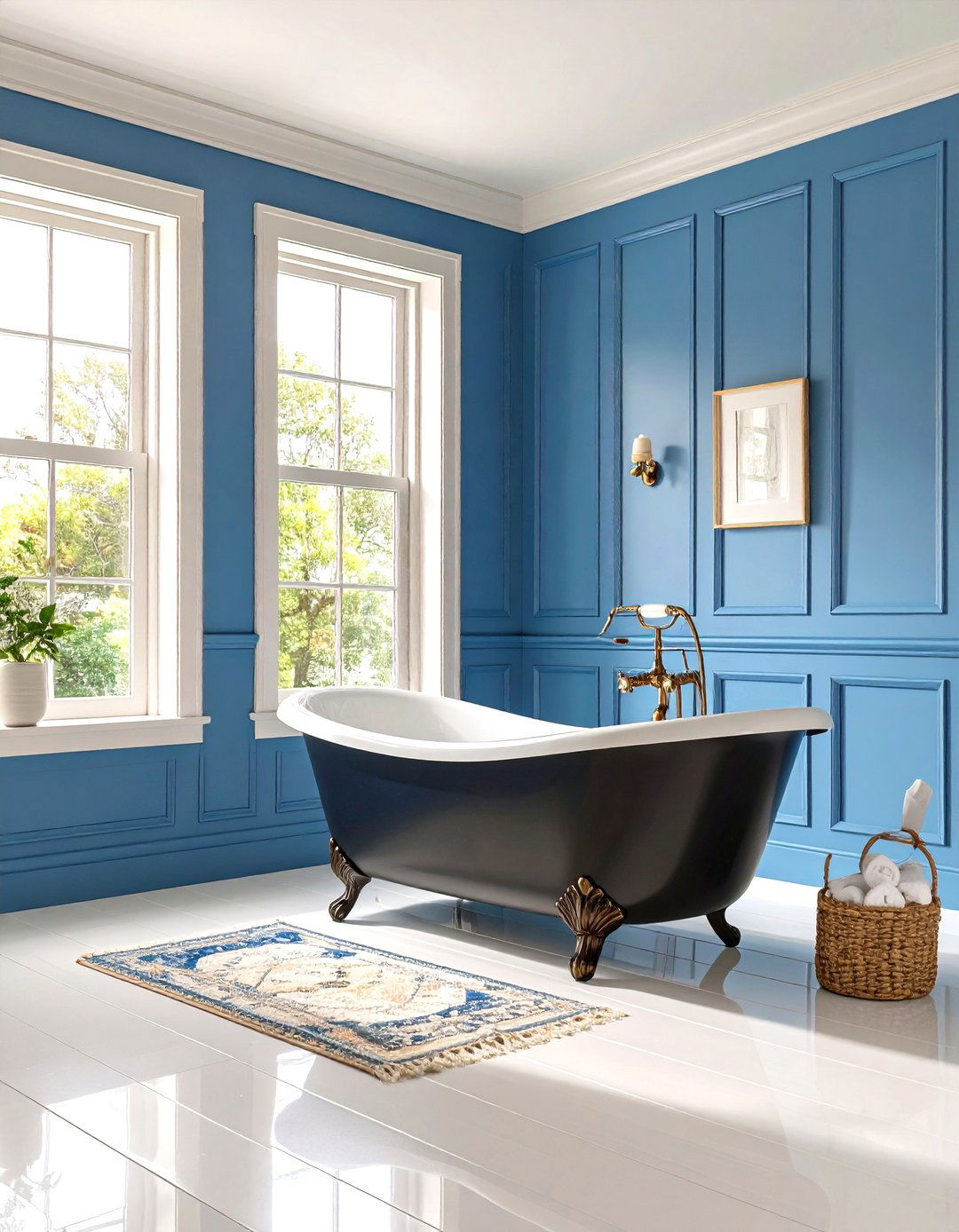 Black Clawfoot Tub with Blue Wainscoting - 24 black and blue bathroom ideas
