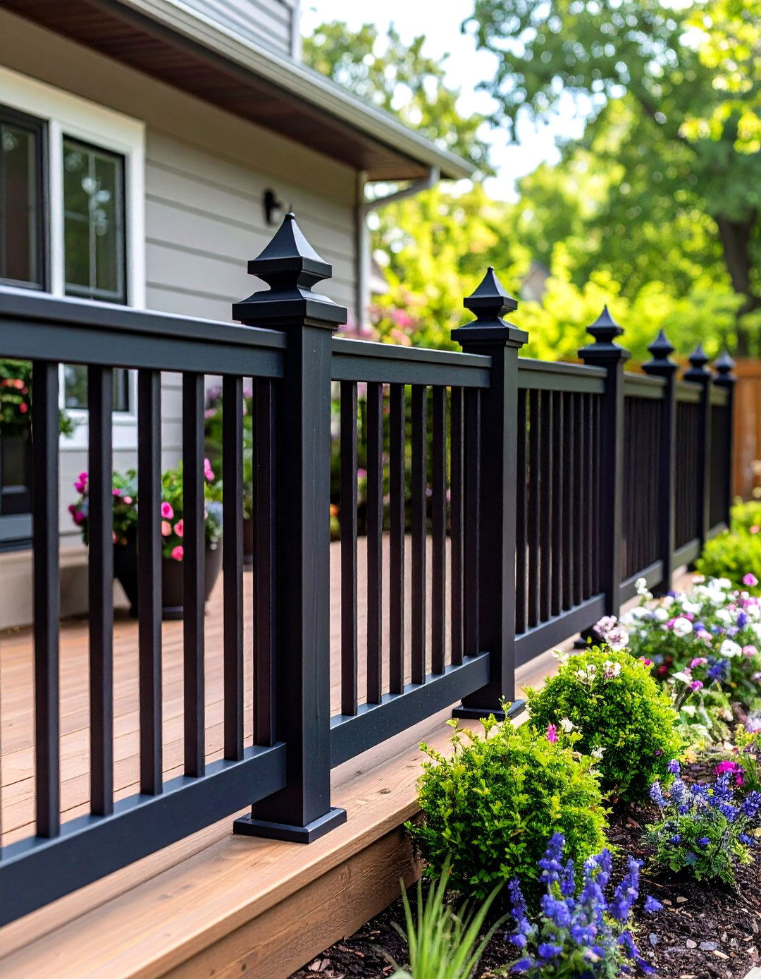 Black Composite Posts with Round Aluminum Balusters - 24 black deck railing ideas