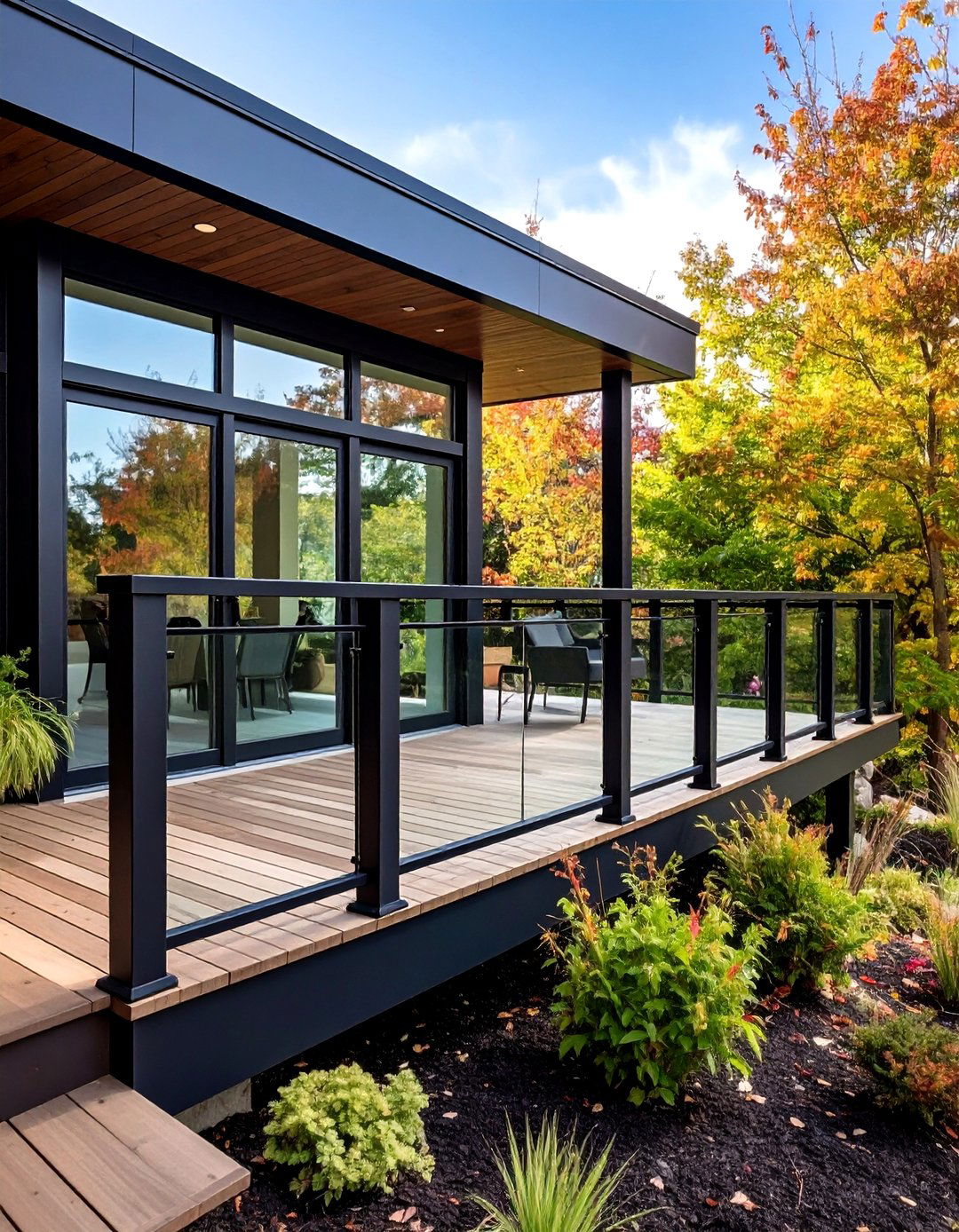 Black Composite Railing with Tempered Glass Infills - 24 black deck railing ideas