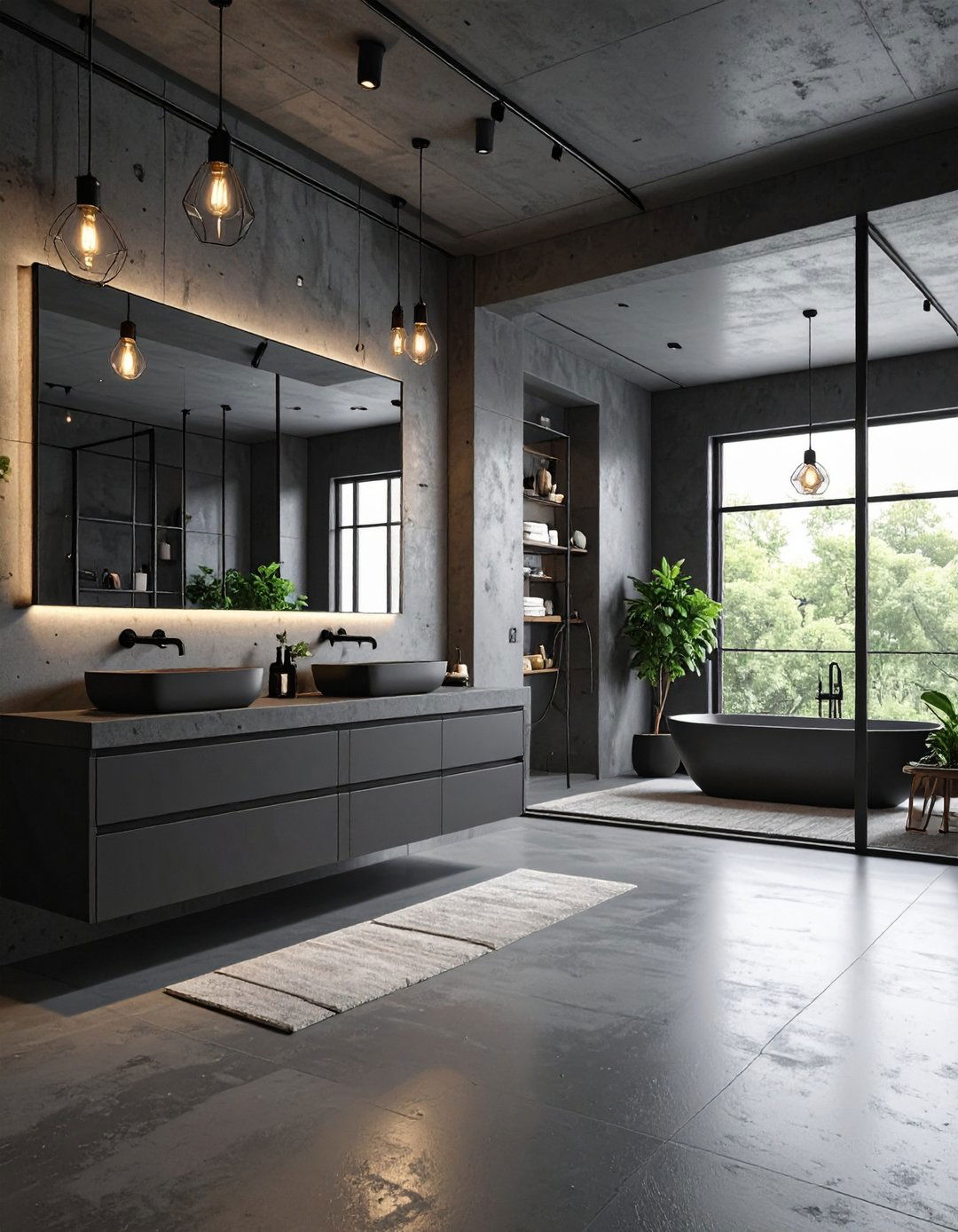 Black Concrete Industrial Bathroom - 24 Black Bathroom Ideas