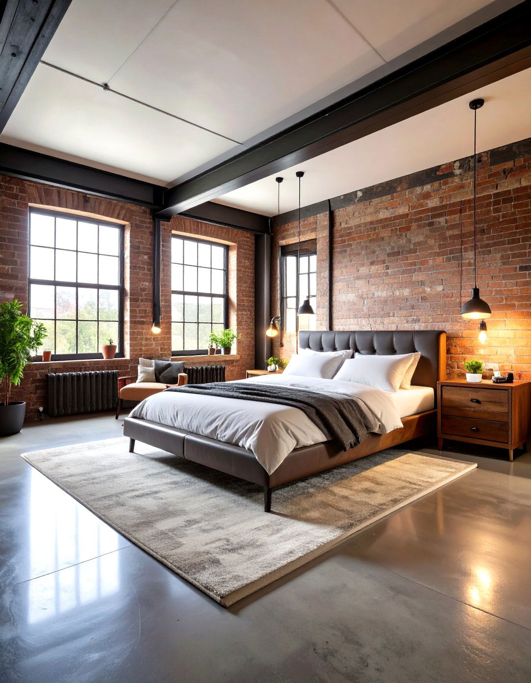 Black Concrete Industrial Loft Bedroom - 24 Black Floor Bedroom Ideas