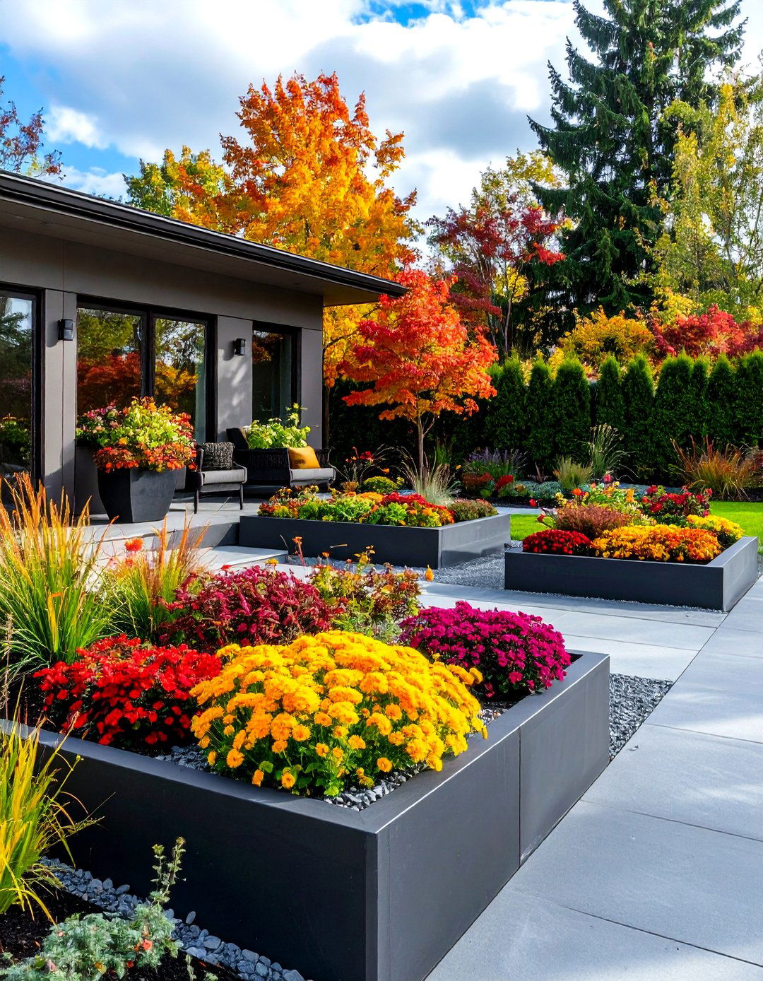 Black Concrete Patio with Built in Planters - 24 black concrete patio ideas