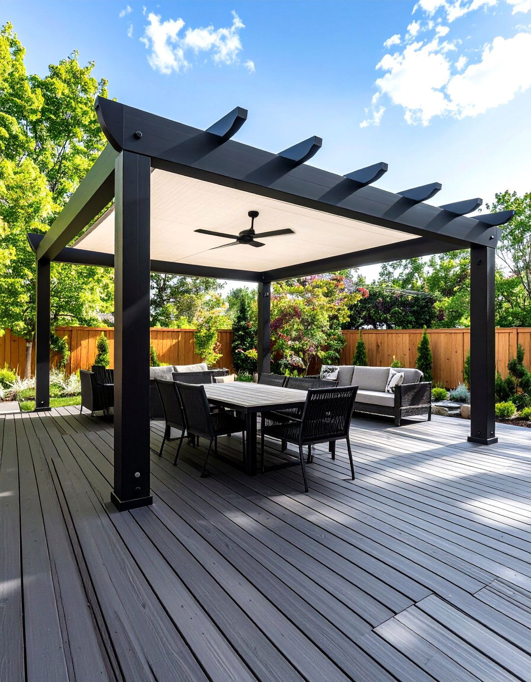 Black Deck with Covered Pergola Areas - 24 Black Deck Ideas