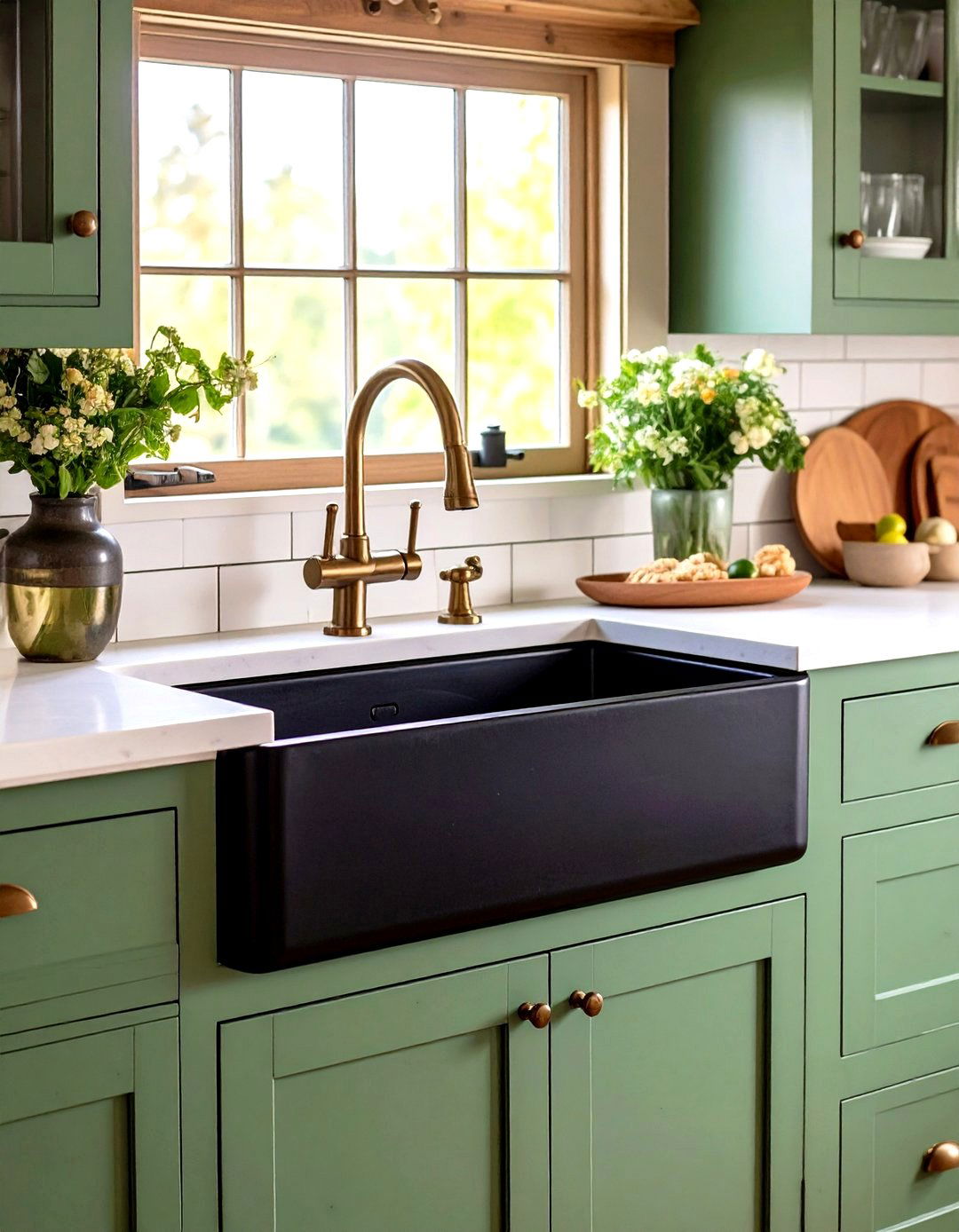 Black Farmhouse Sink with Sage Green Surrounding Cabinets - 24 Sage Green and Black Kitchen Ideas