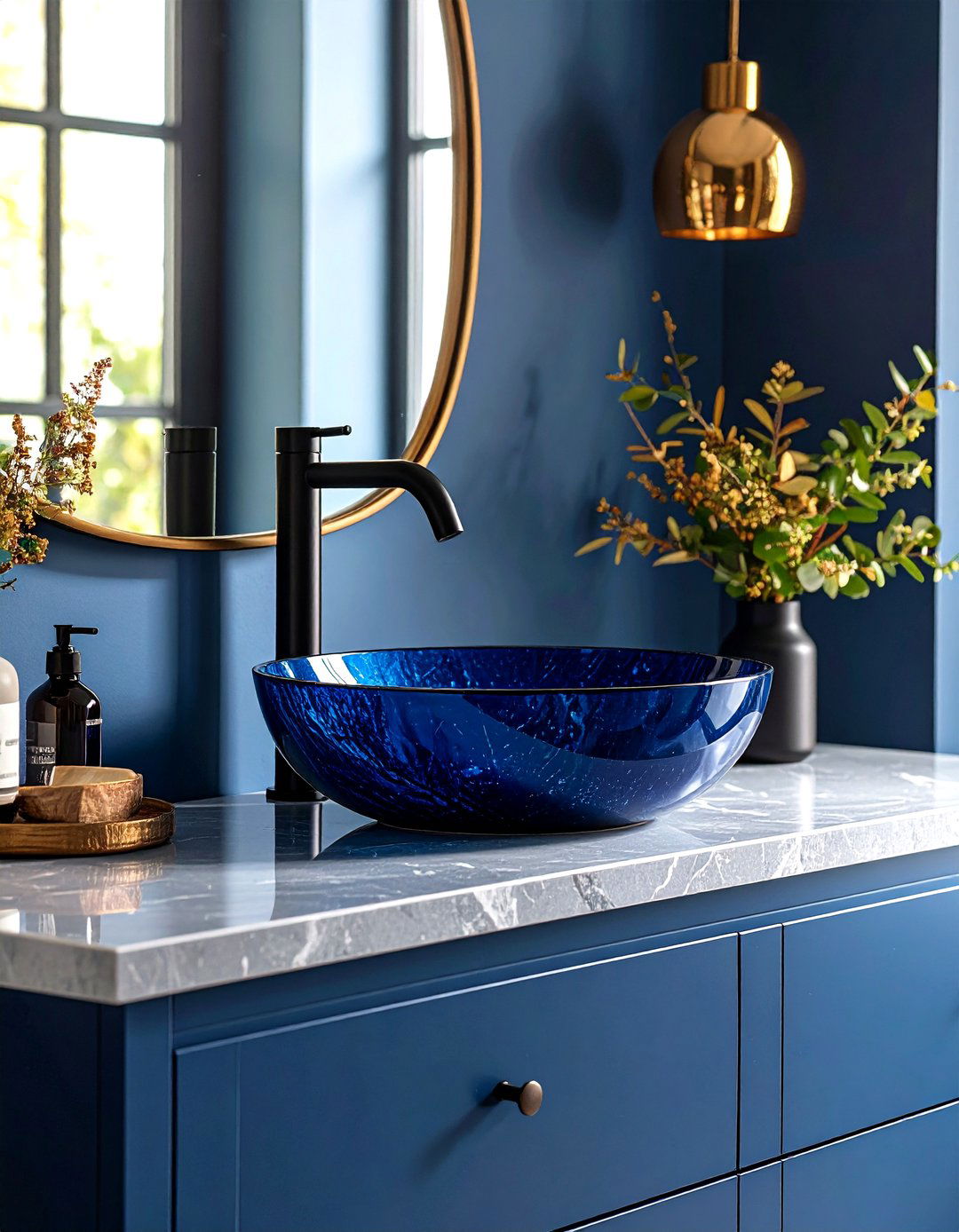 Black Faucet with Blue Basin Sink - 24 black and blue bathroom ideas