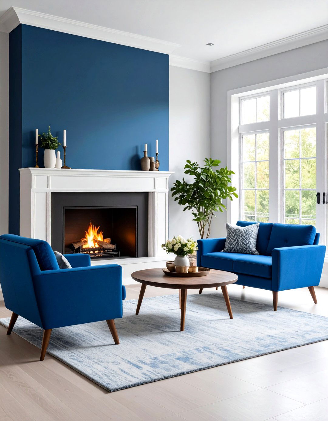 Black Fireplace Surround with Blue Seating - 24 Black and Blue Living Room Ideas