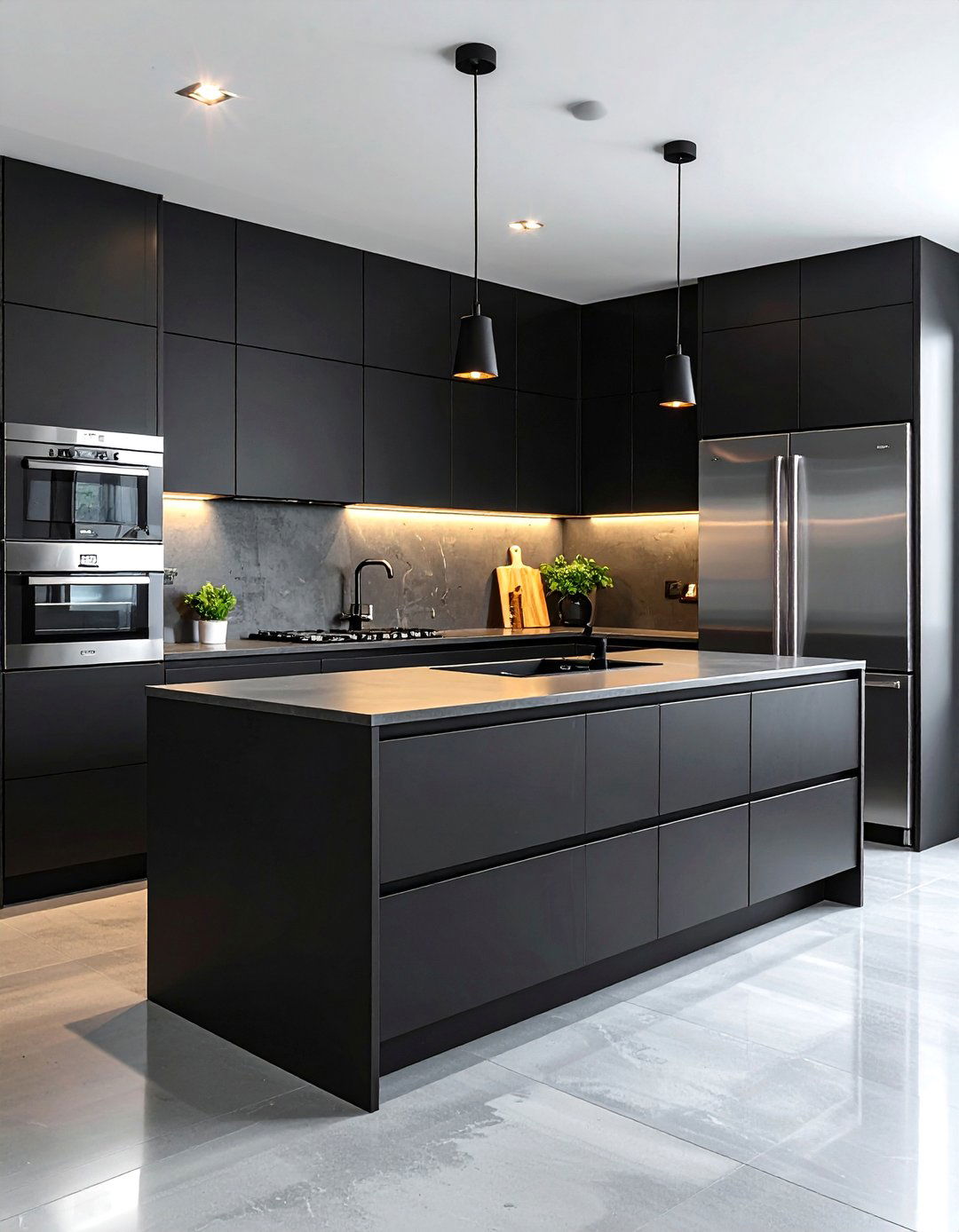 Black Flat Panel Cabinets with Stainless Steel - 24 Dark Kitchen Ideas