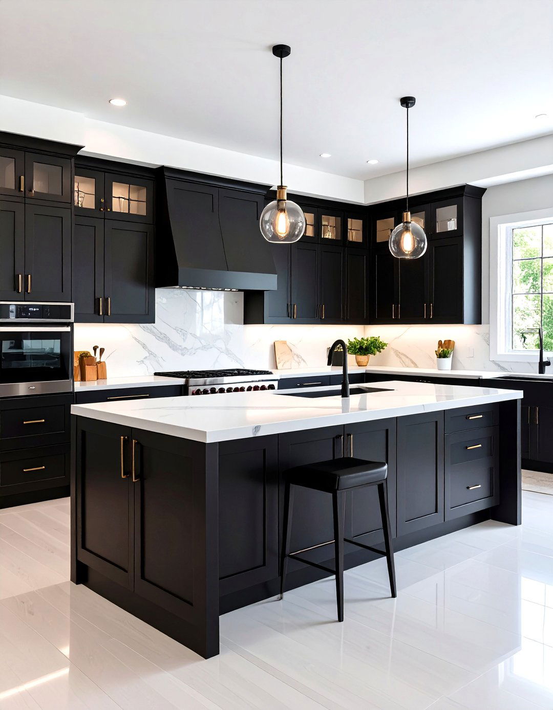 Black Flat Panel Cabinets with White Quartz Waterfall Countertops - 24 Black Kitchen Cabinets With White Countertops