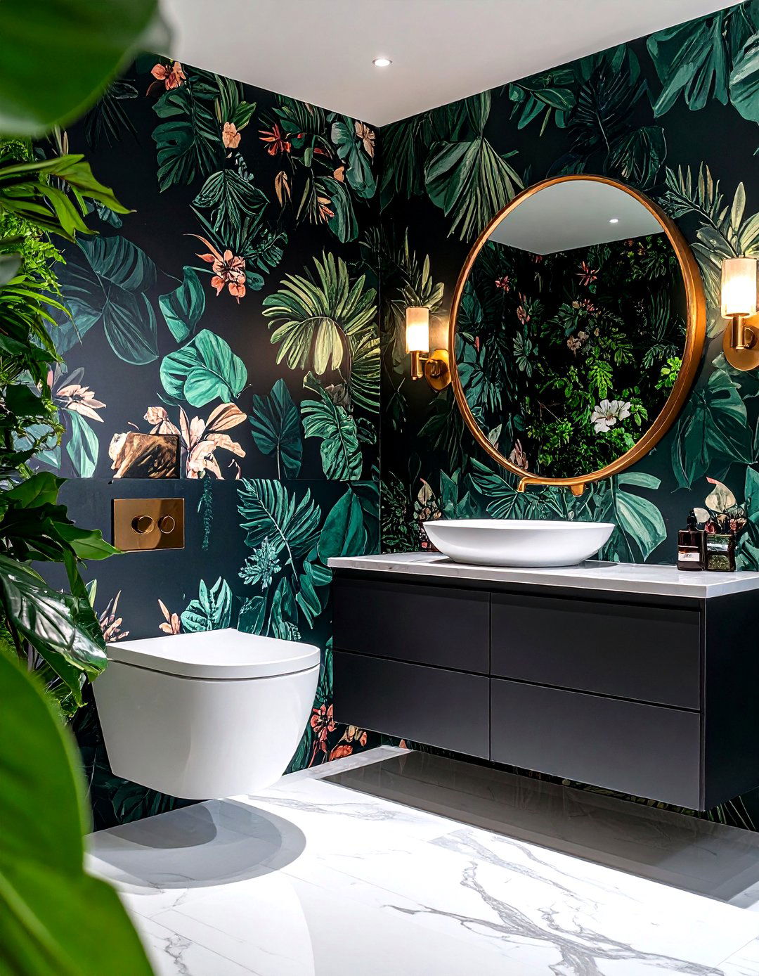 Black Floral Wallpaper Feature Wall - 24 black powder room ideas