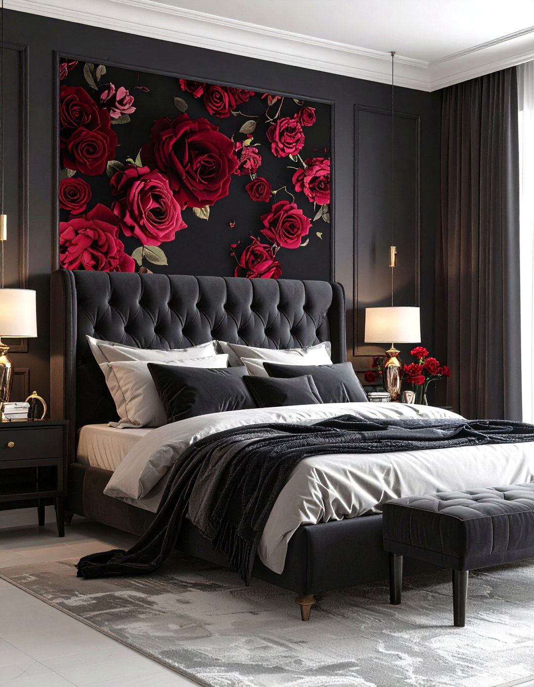 Black Floral Wallpaper Romance - 24 Black Accent Wall Bedroom Ideas