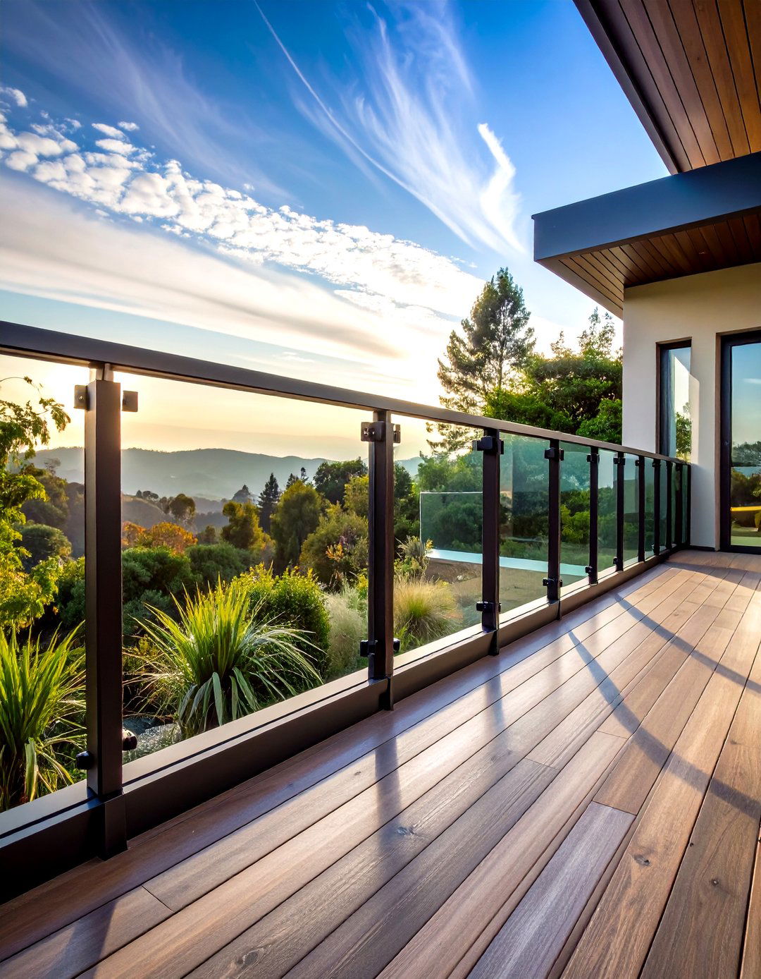 Black Framed Tempered Glass Panel Railing - 24 black deck railing ideas