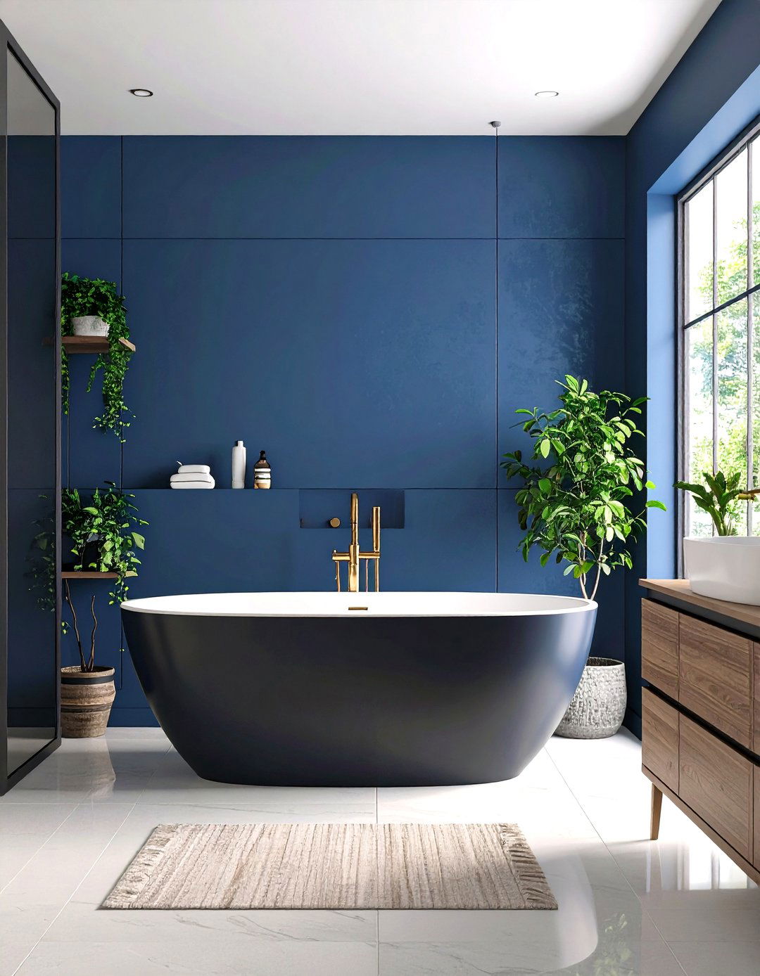 Black Freestanding Tub with Cobalt Blue Walls - 24 black and blue bathroom ideas