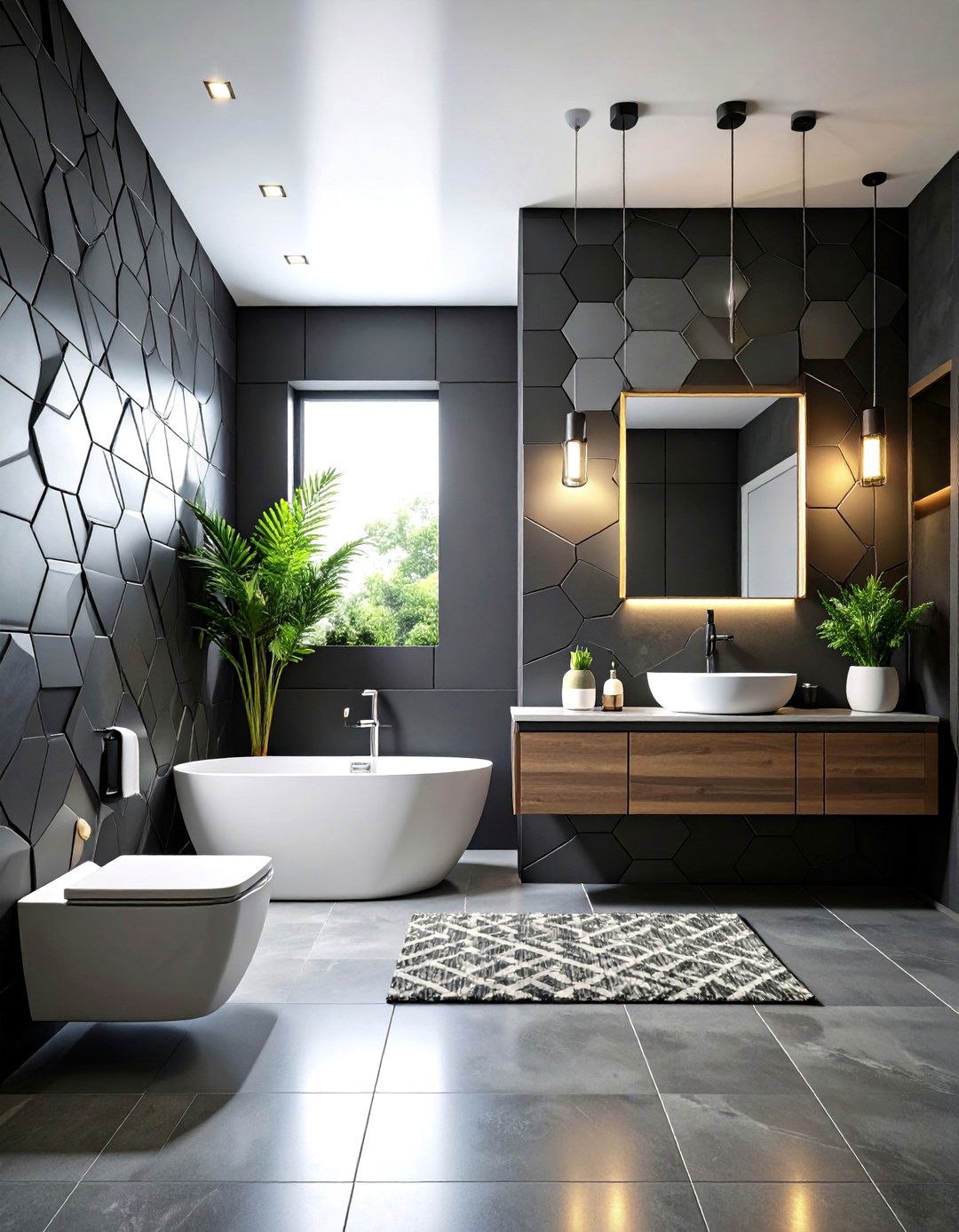 Black Geometric Pattern Mix - 24 Black Tile Bathroom Ideas
