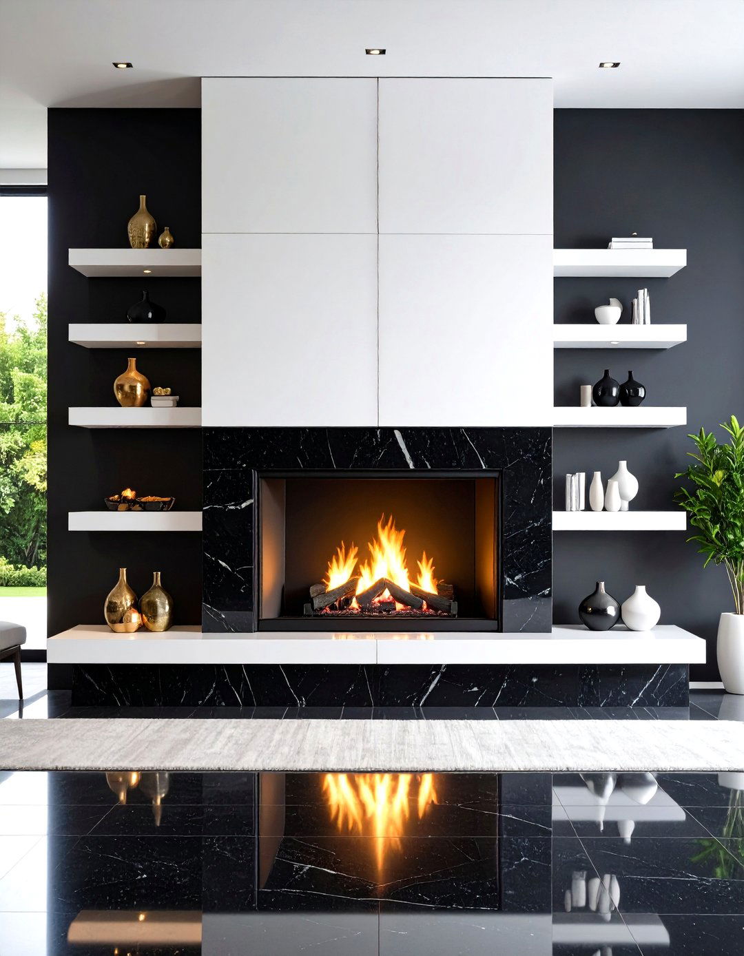 Black Granite with White Floating Shelves - 24 Black and White Fireplace Ideas