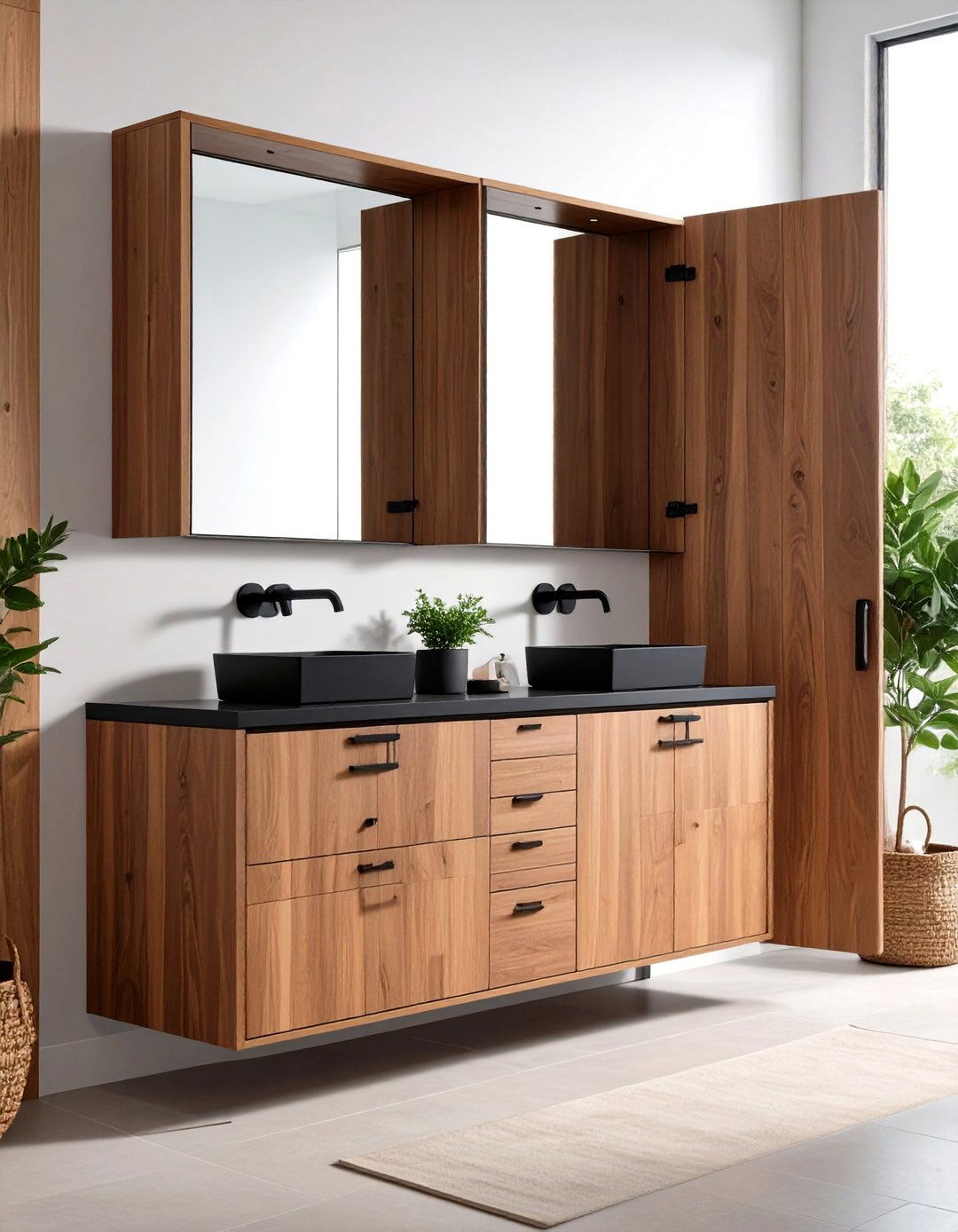 Black Hardware with Brown Wood Medicine Cabinet - 24 brown and black bathroom ideas