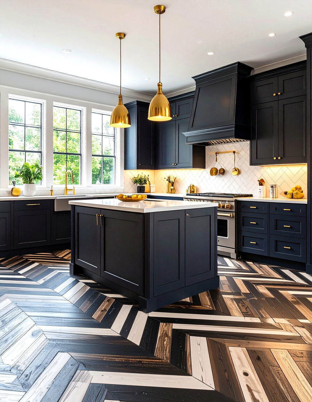 Black Herringbone Pattern Flooring - 24 Black Floor Kitchen Ideas